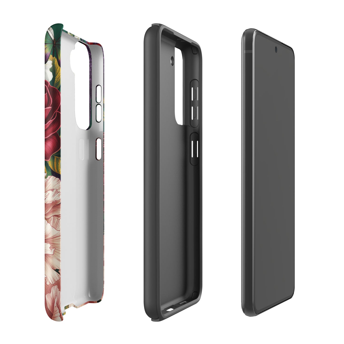 Phone Case for Samsung Galaxy with floral design including crimson roses, pink peonies, purple alliums, and butterflies.