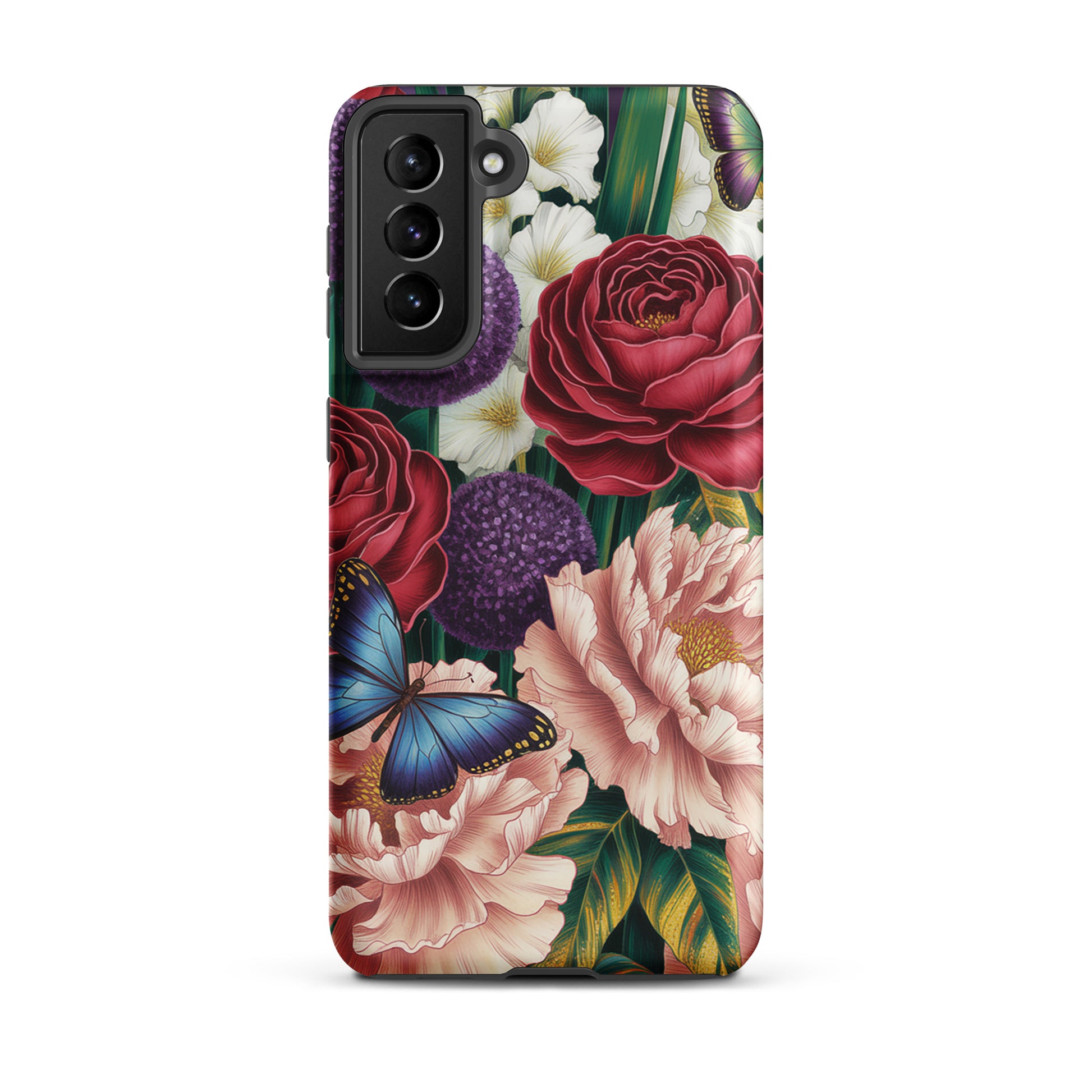 Phone Case for Samsung Galaxy with floral design, featuring crimson roses, pink peonies, purple alliums, and blue butterflies.