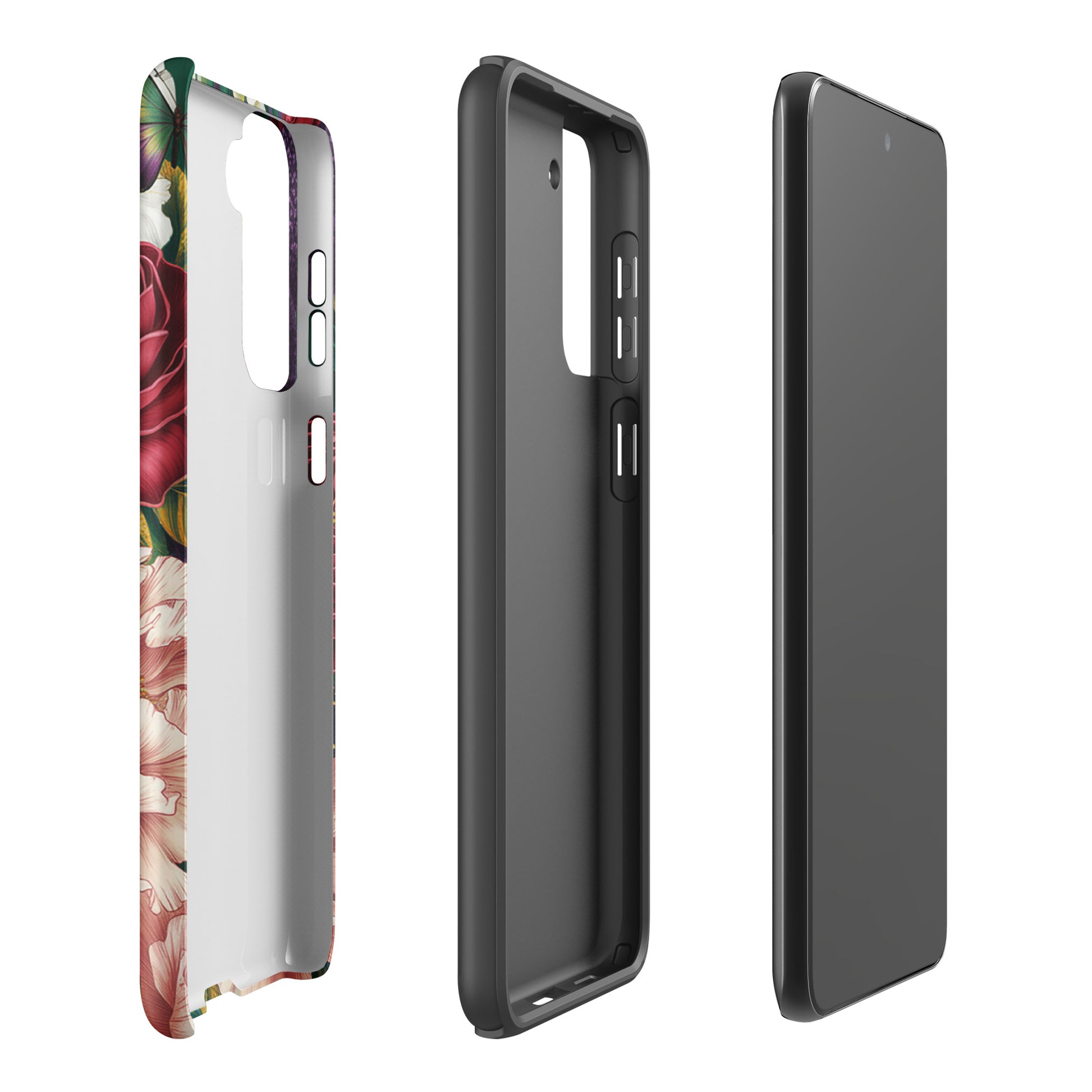 Phone Case for Samsung Galaxy with botanical garden design featuring crimson roses, pink peonies, purple alliums, and sapphire butterflies.