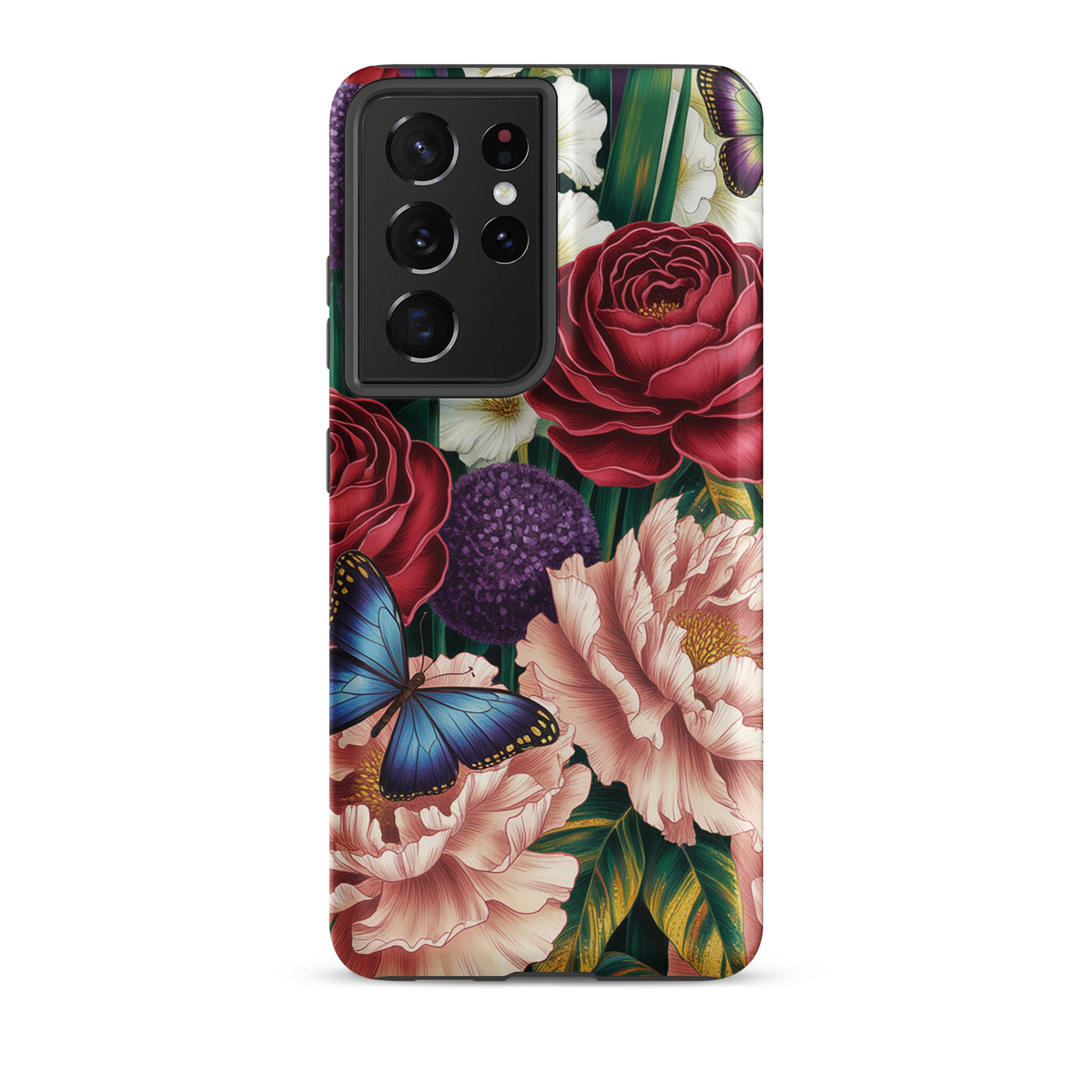 Botanical garden bloom phone case for Samsung Galaxy featuring crimson roses, pink peonies, purple alliums, and blue butterflies.