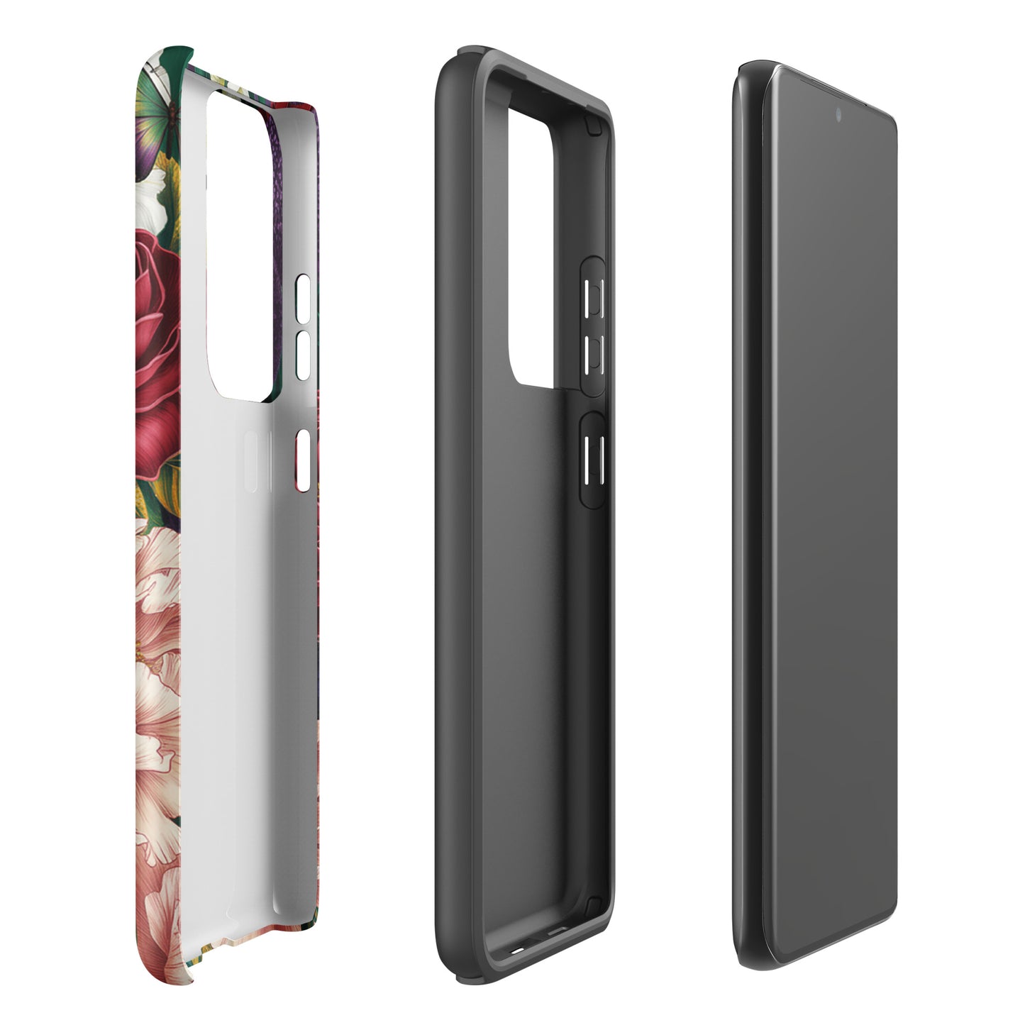 Phone Case with botanical garden design for Samsung Galaxy featuring roses, peonies, and butterflies