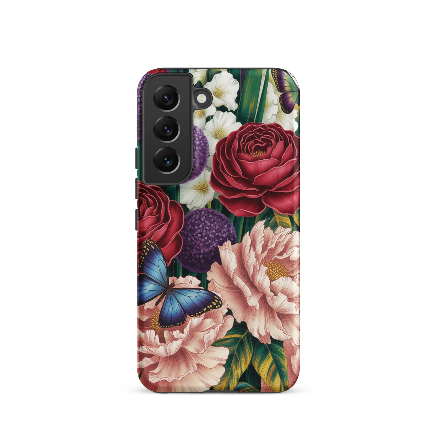 Phone Case for Samsung Galaxy with botanical garden design of crimson roses, pink peonies, purple alliums, and blue butterflies.