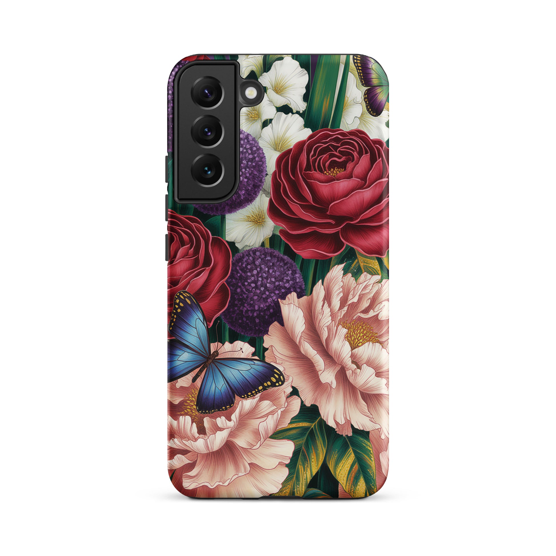 Phone Case for Samsung Galaxy with botanical garden design, featuring vivid roses, peonies, alliums, and butterflies.