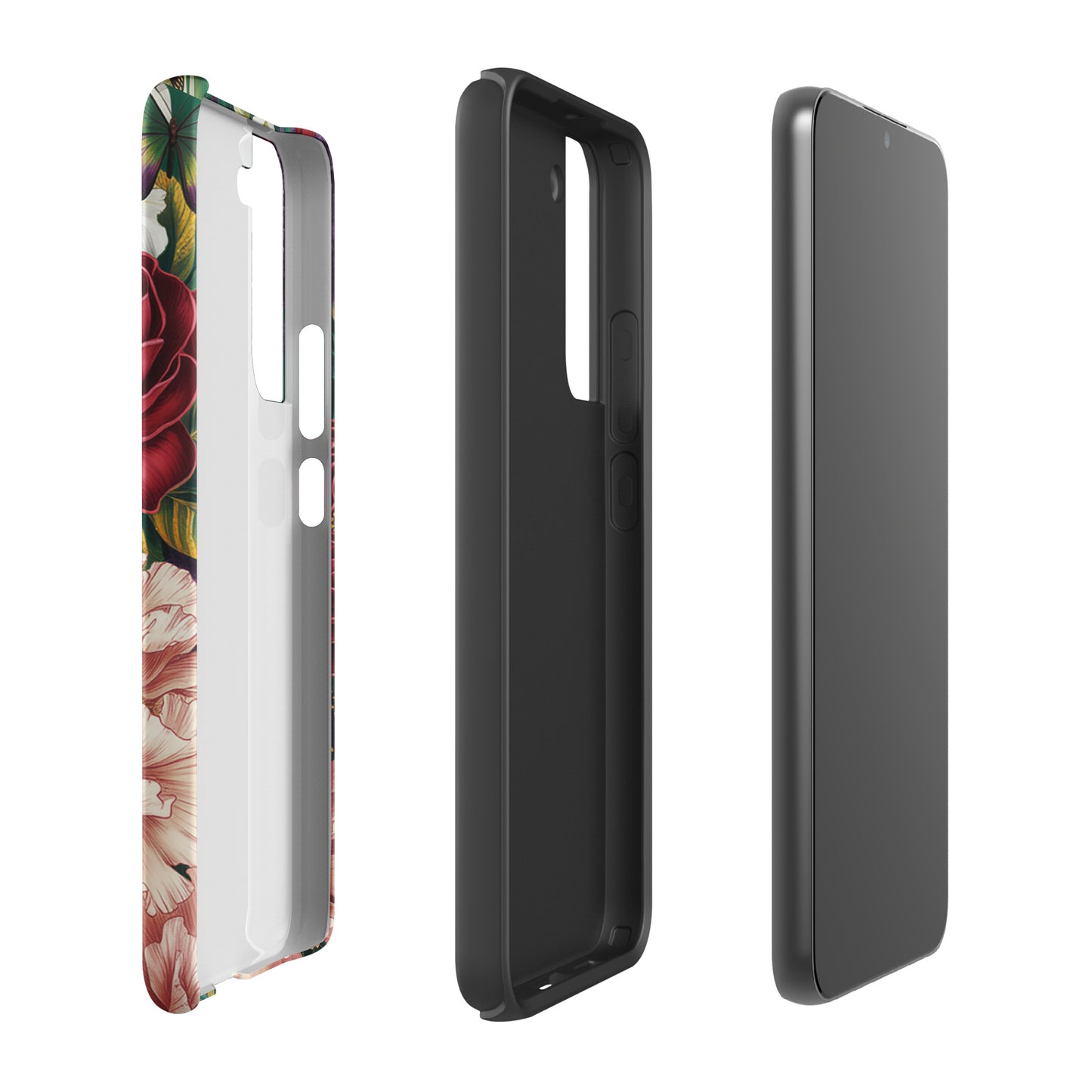 Phone Case for Samsung Galaxy with botanical garden design featuring roses, peonies, and butterflies.