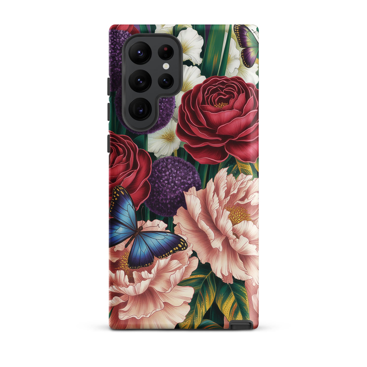 Phone Case for Samsung Galaxy with botanical garden design featuring roses, peonies, alliums, and butterflies.
