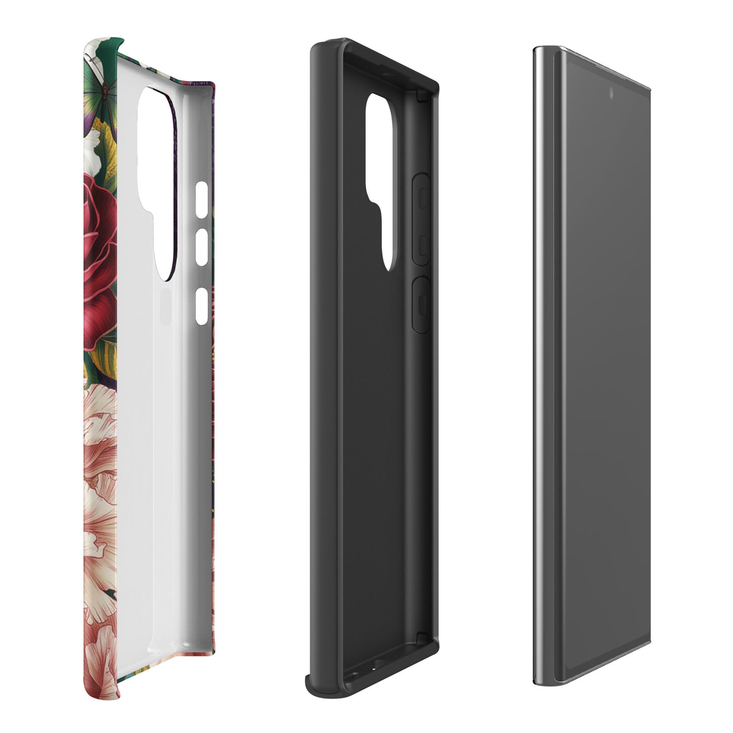 Phone Case for Samsung Galaxy with vibrant botanical garden design, featuring roses, peonies, alliums, and blue butterflies.