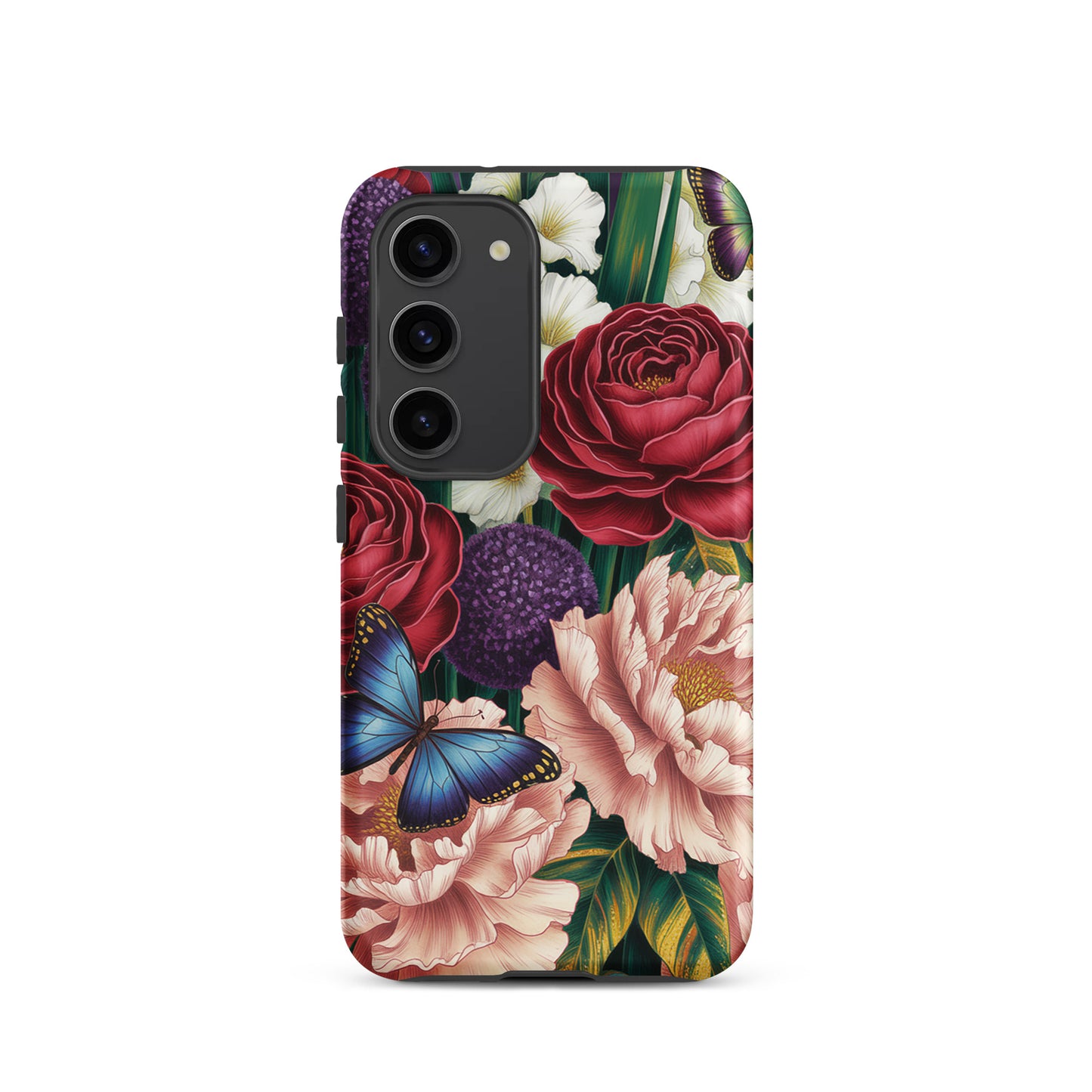 Phone Case for Samsung Galaxy with floral design featuring crimson roses, pink peonies, purple alliums, and butterflies.
