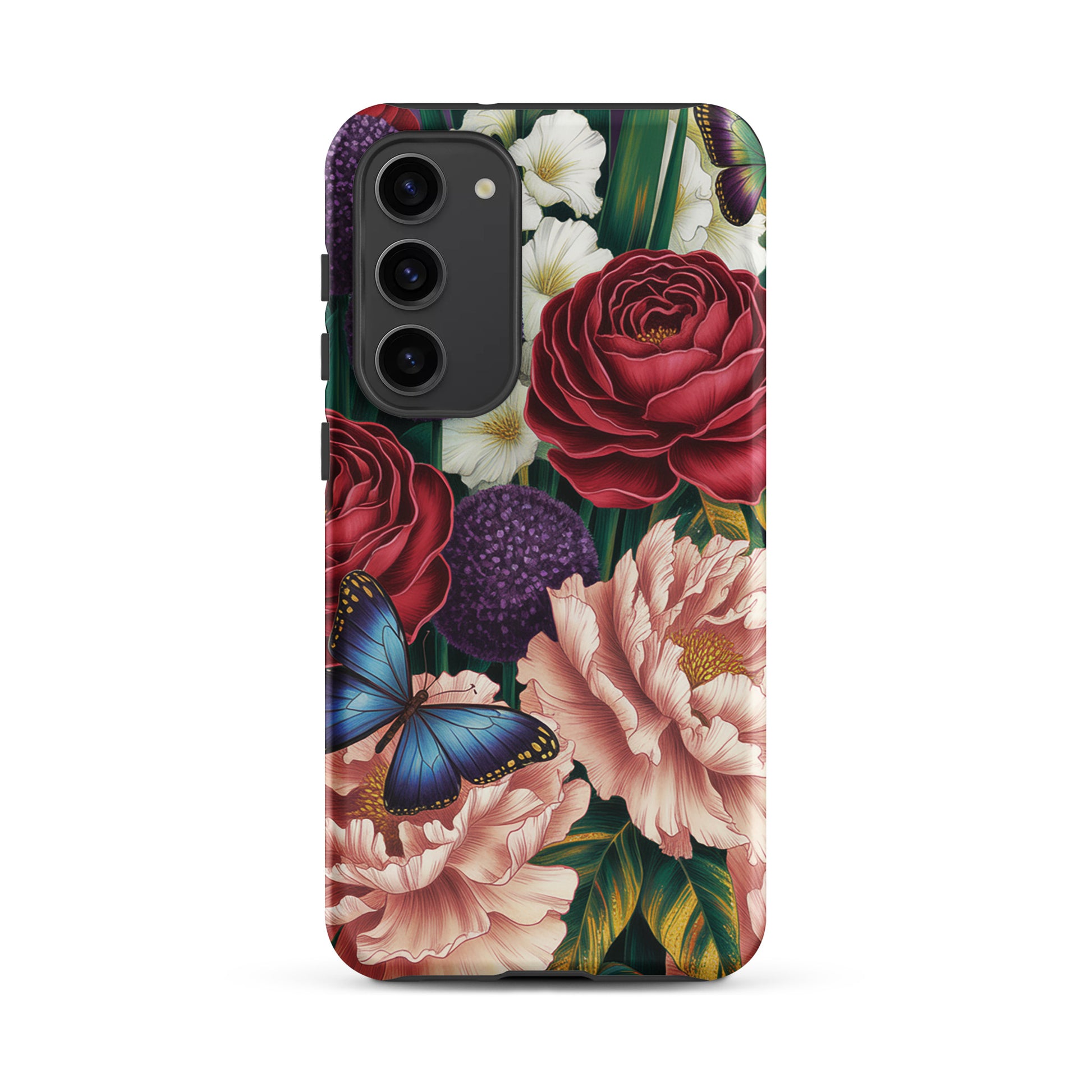 Phone Case for Samsung Galaxy featuring vivid red roses, pink peonies, and a blue butterfly, creating a botanical garden bloom design.