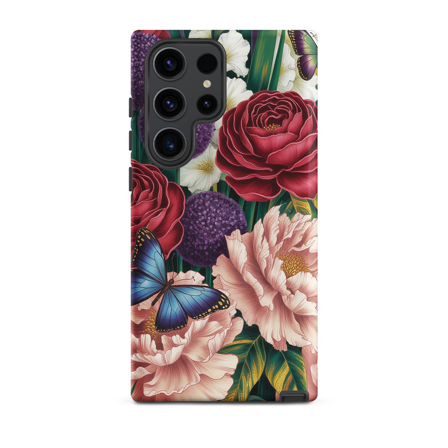 Phone Case for Samsung Galaxy with botanical garden blooms, featuring roses, peonies, alliums, and blue butterflies in vibrant colors.