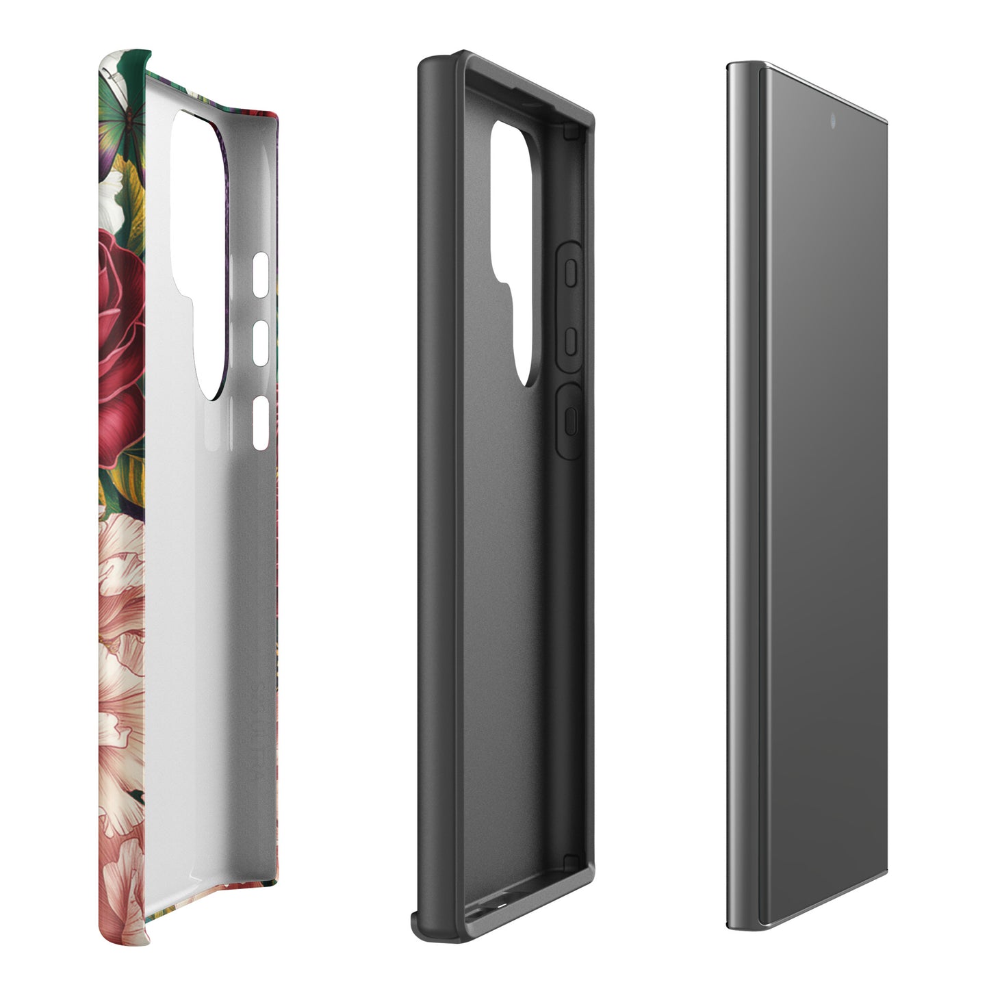 Phone Case for Samsung Galaxy with botanical garden design featuring vivid roses, peonies, and alliums with blue butterflies.