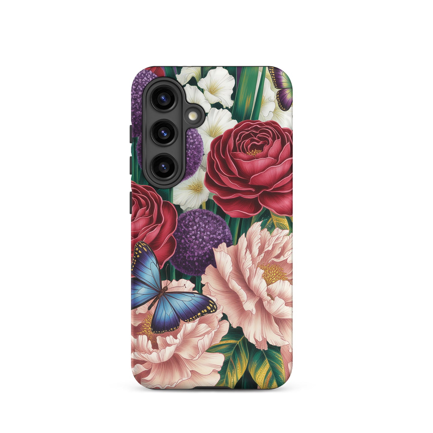 Phone Case for Samsung Galaxy with botanical garden design featuring roses, peonies, alliums, foliage, and butterflies.