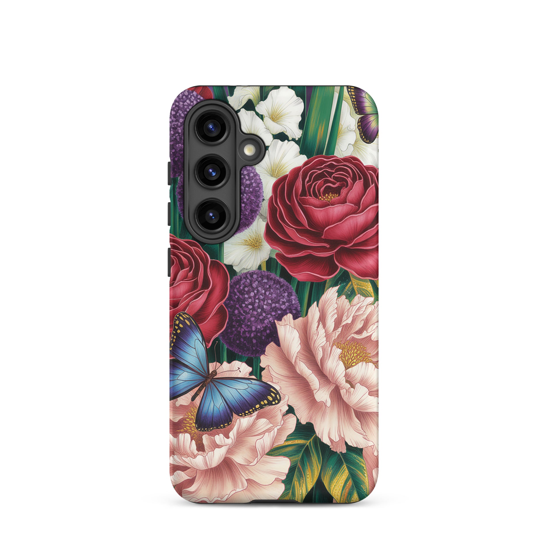 Phone Case for Samsung Galaxy with botanical garden design featuring roses, peonies, alliums, foliage, and butterflies.