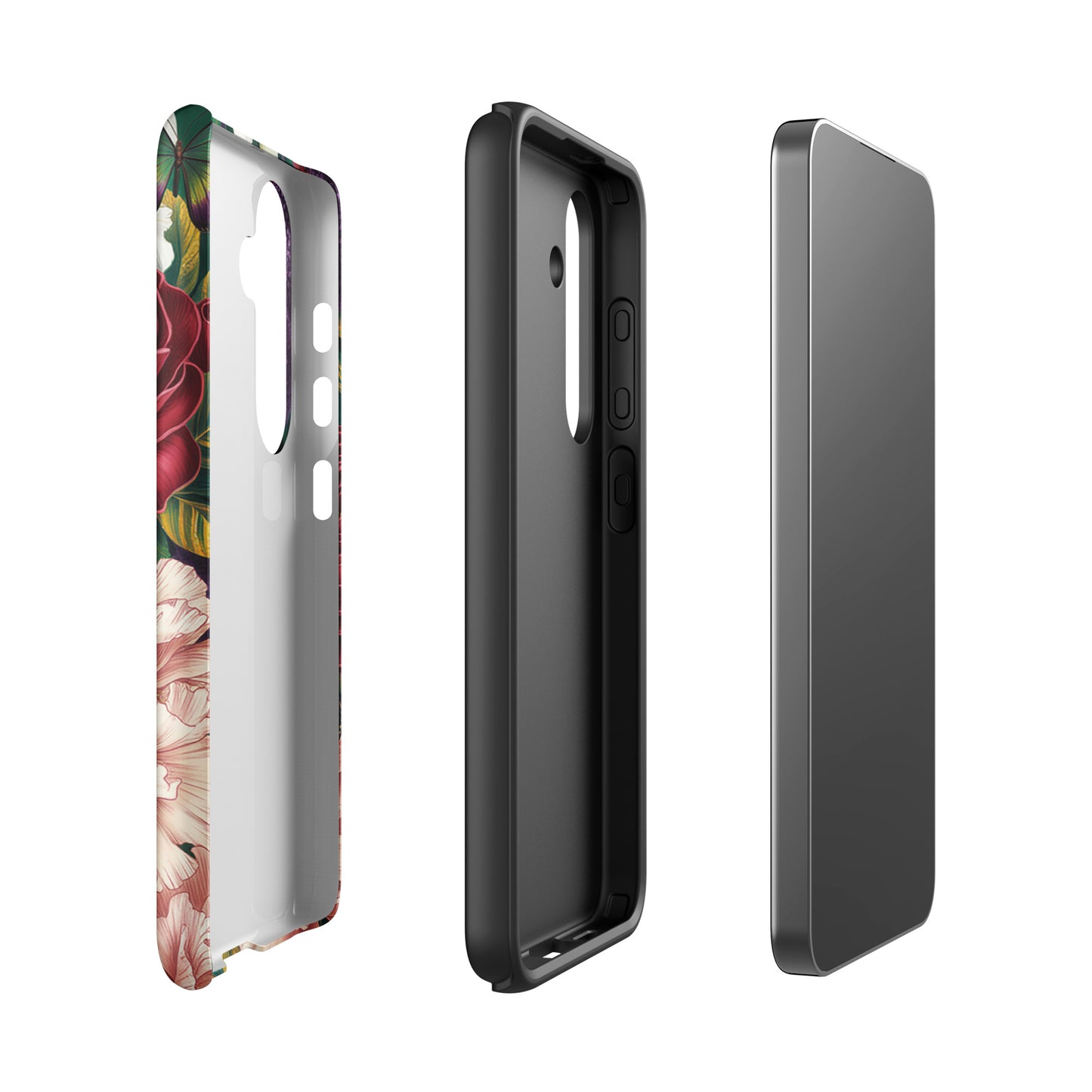 Phone Case for Samsung Galaxy with vivid floral and butterfly design, featuring crimson roses, pink peonies, and lush foliage.