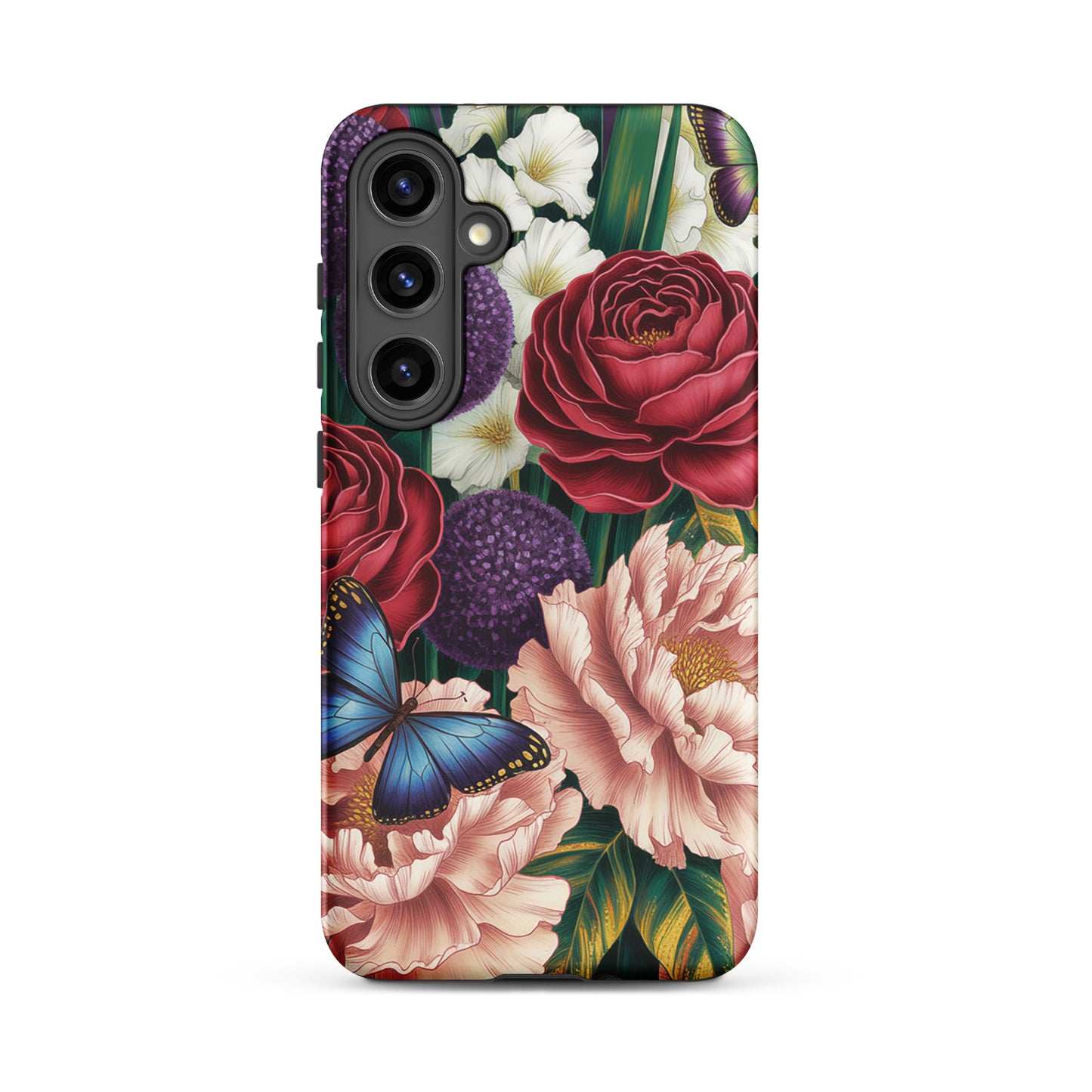 Phone Case for Samsung Galaxy featuring crimson roses, pink peonies, purple alliums, and sapphire-blue butterflies.
