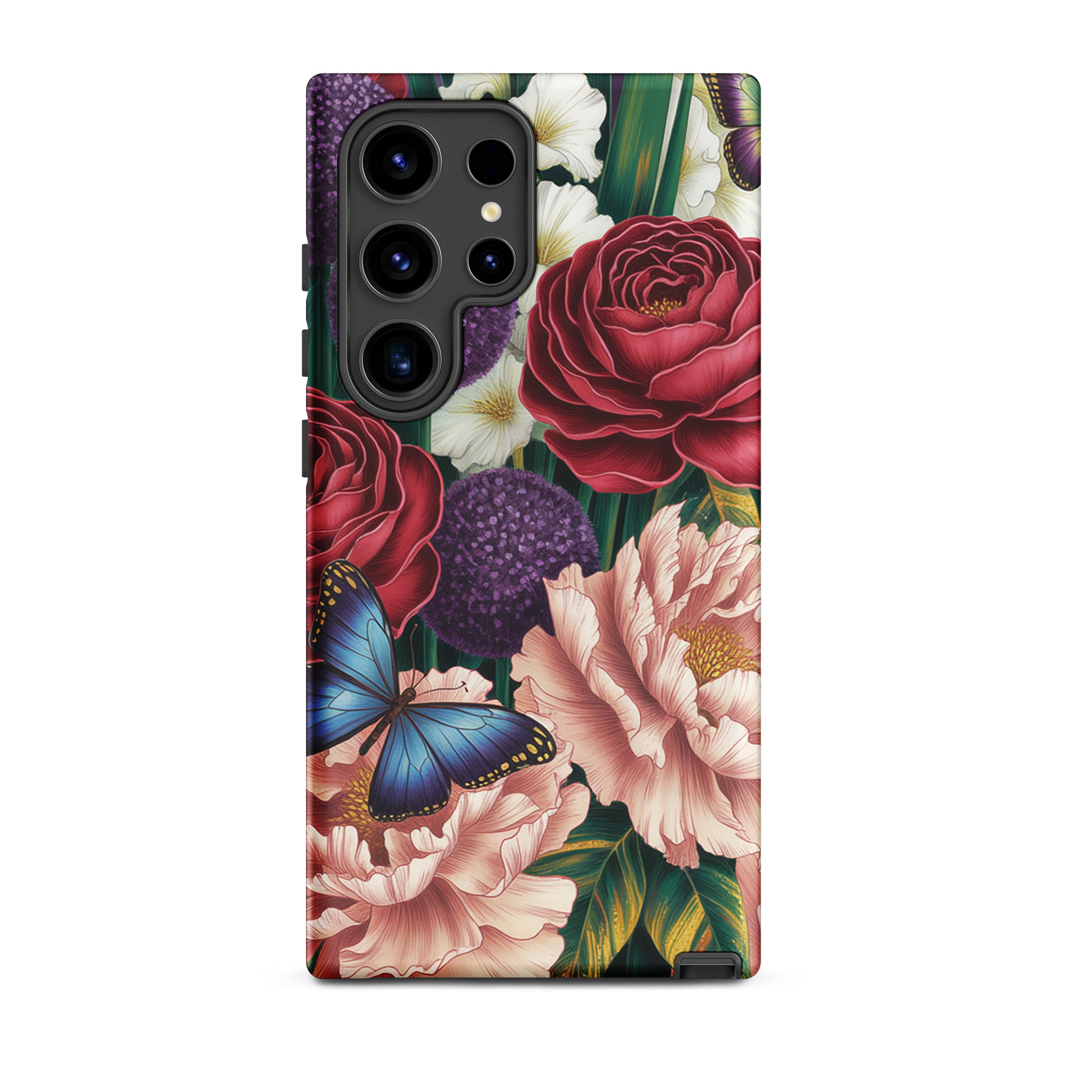 Botanical garden bloom Phone Case with crimson roses, pink peonies, purple alliums, and blue butterflies for Samsung Galaxy.