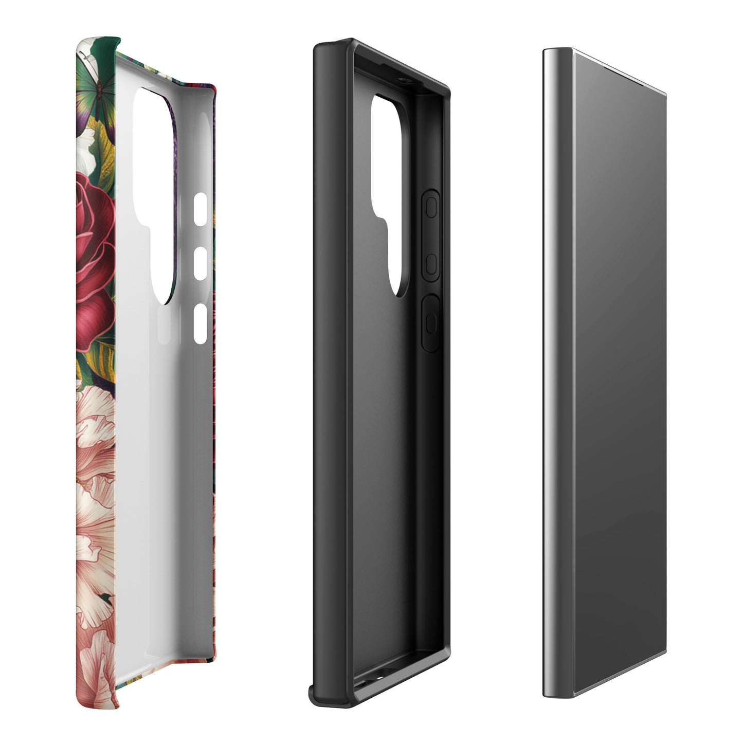 Phone Case for Samsung Galaxy with floral design featuring roses, peonies, and butterflies, showcasing side and back details.