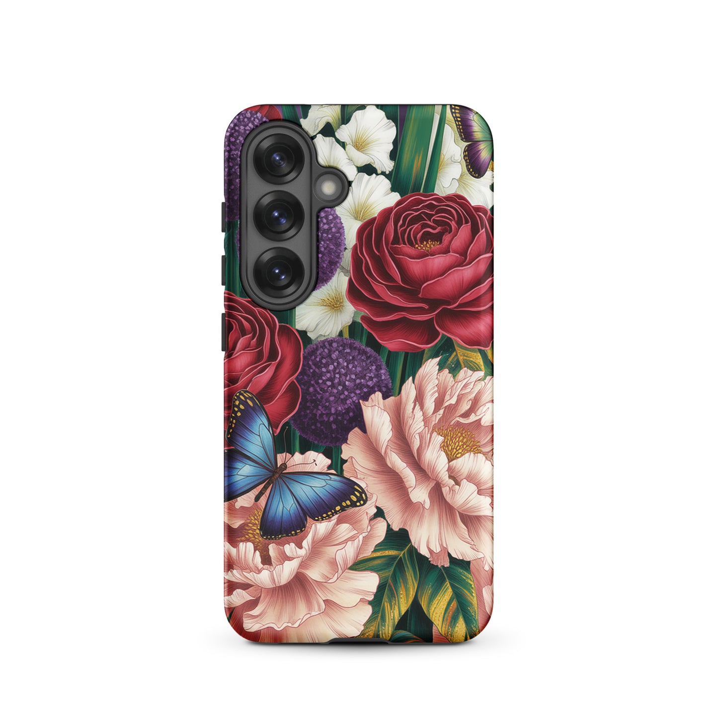 Phone Case for Samsung Galaxy with botanical garden bloom design featuring roses, peonies, alliums, foliage, and butterflies.