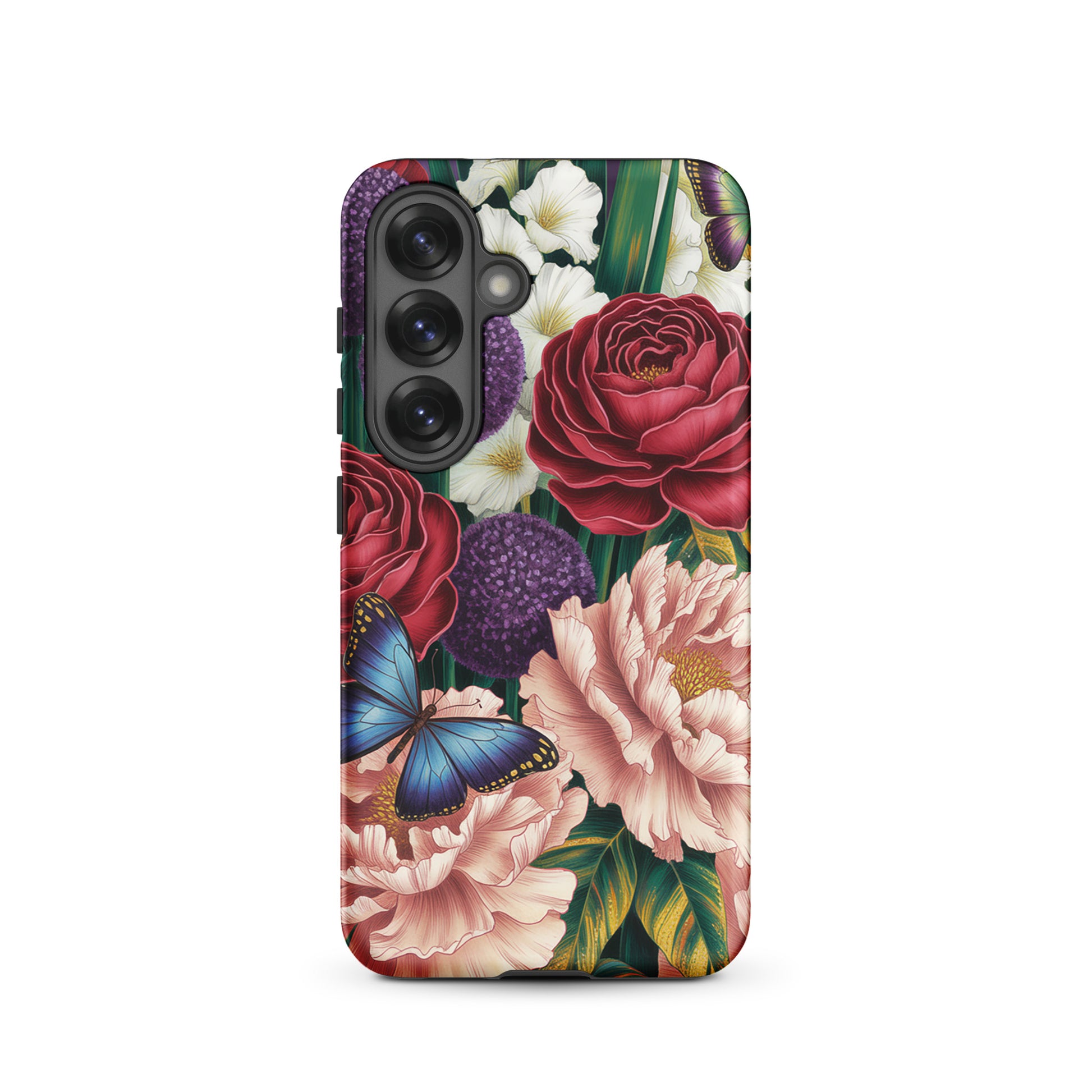 Phone Case for Samsung Galaxy with botanical garden bloom design featuring roses, peonies, alliums, foliage, and butterflies.