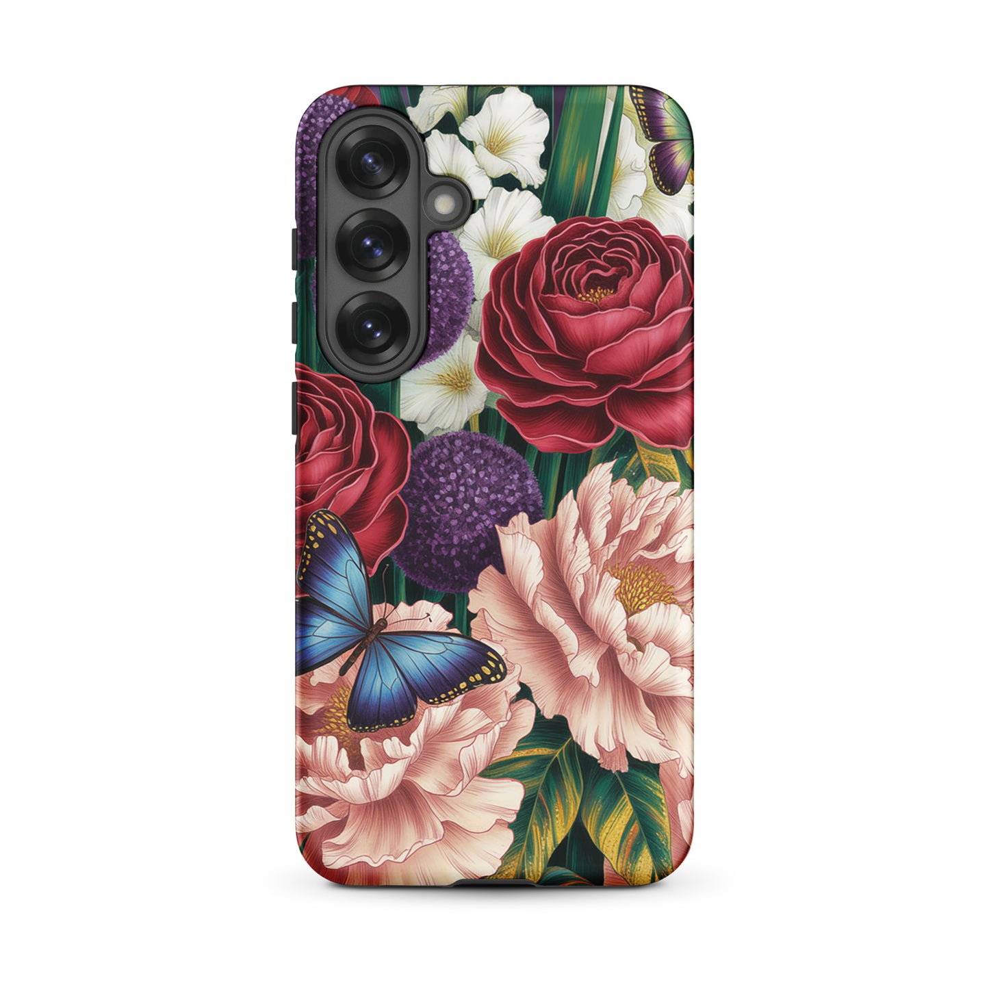 Phone Case for Samsung Galaxy featuring vivid flowers and butterflies, botanical garden design, crimson roses, pink peonies.