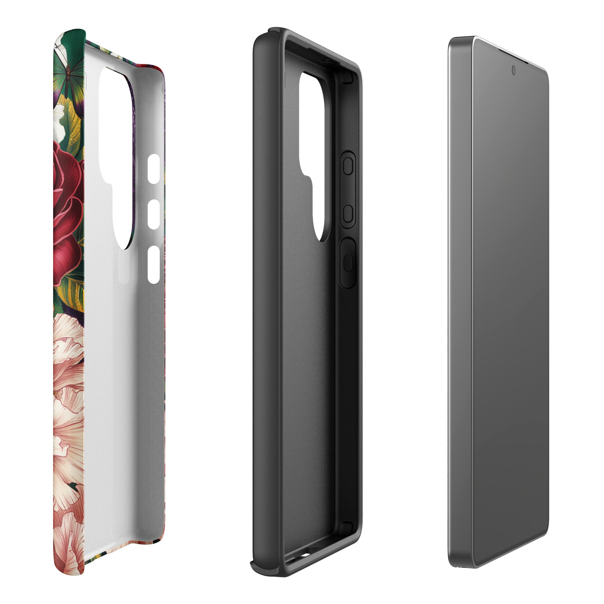 Phone Case for Samsung Galaxy with botanical floral design showing vivid roses and peonies, protective shell features a colorful garden theme.