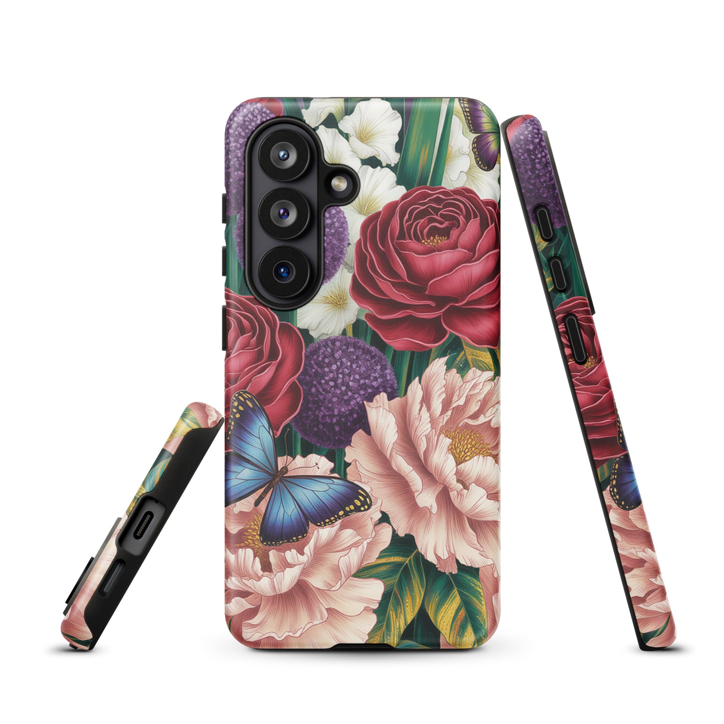 Phone Case for Samsung Galaxy with botanical garden bloom design featuring roses, peonies, alliums, and butterflies.