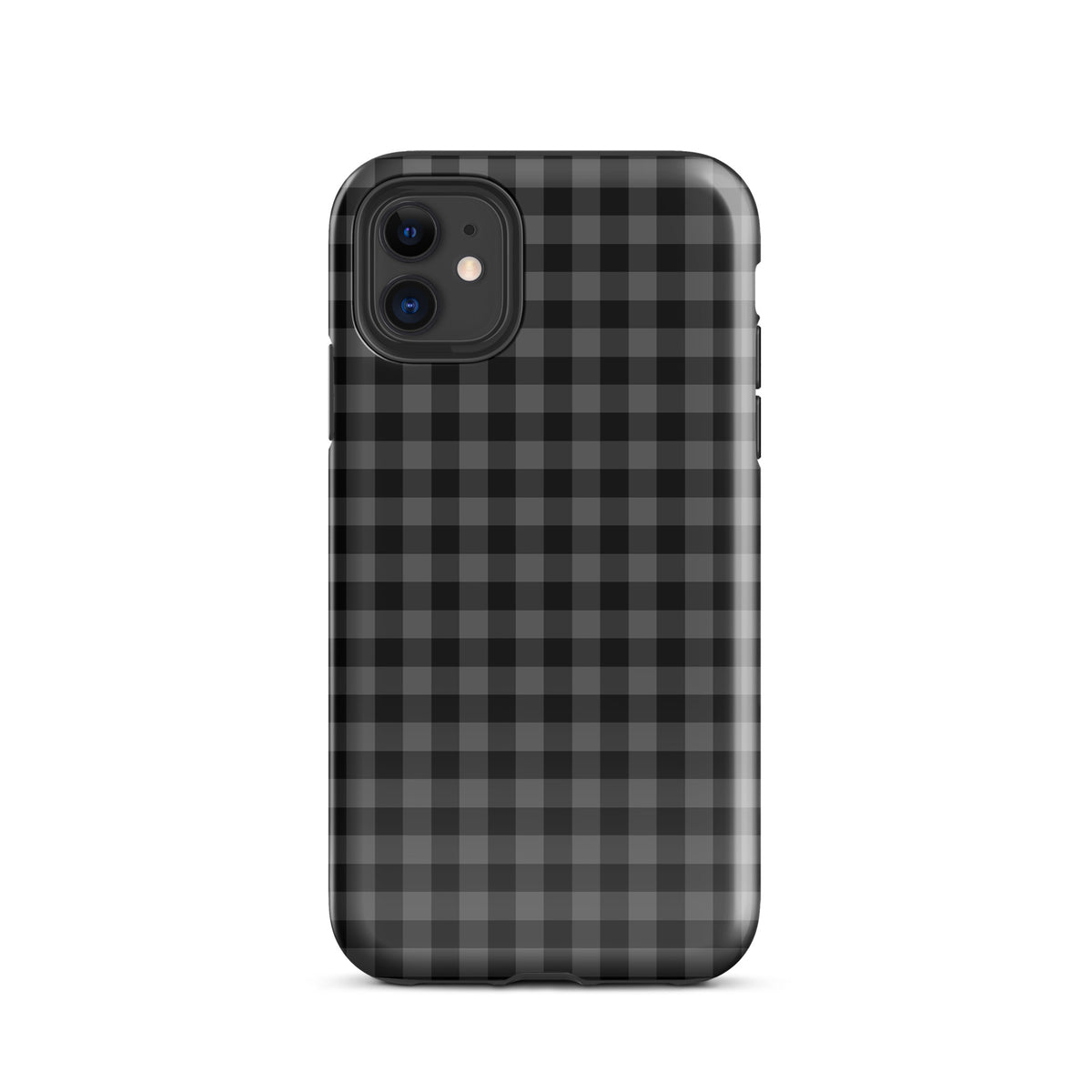 Phone Case with black and charcoal gingham pattern for iPhone, combining modern style and durability.