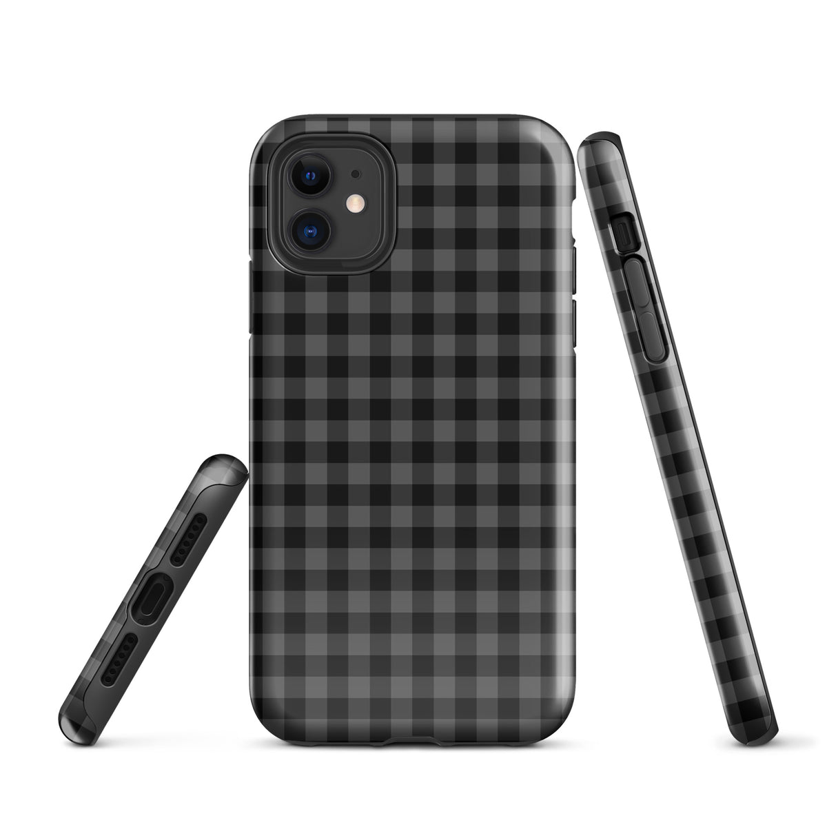 Phone Case for iPhone with black and charcoal gingham pattern, modern design and durable protection.