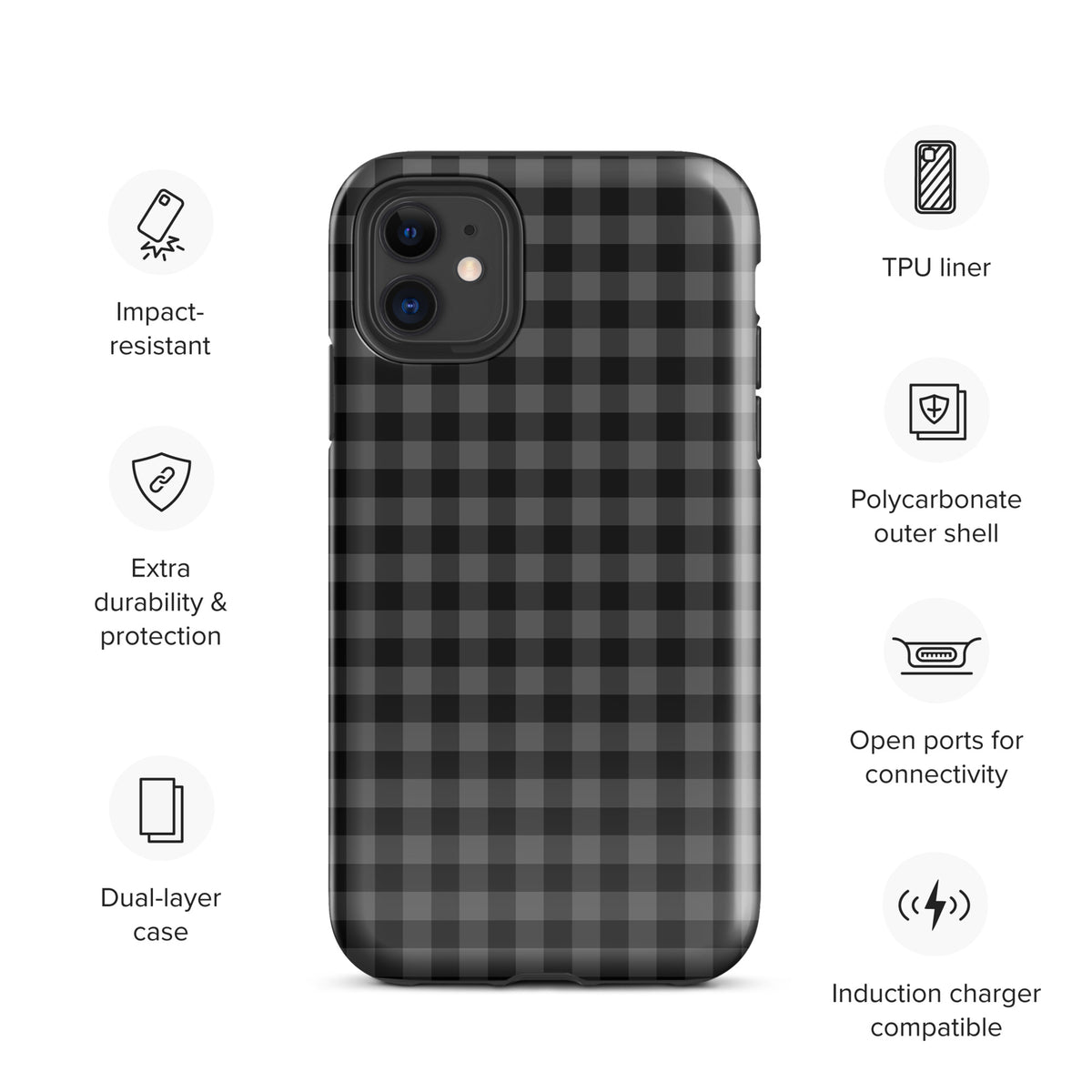 Phone Case for iPhone in black and charcoal gingham pattern with impact-resistant dual-layer protection and open ports for connectivity.