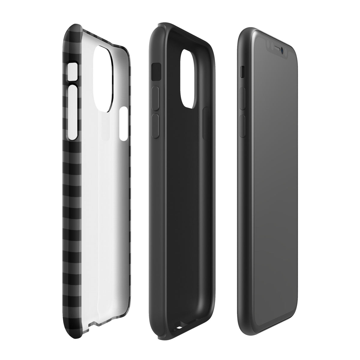 Phone Case for iPhone with black charcoal gingham pattern, modern style and durable protection, three angle view.