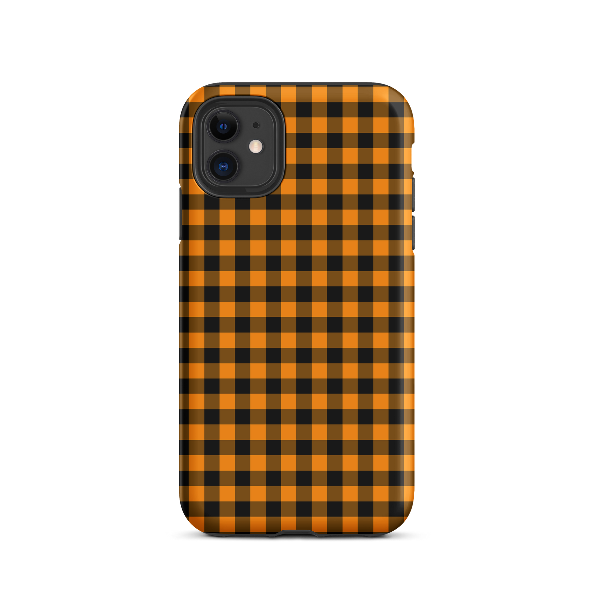 phone case with black-and-orange gingham autumn theme for iPhone