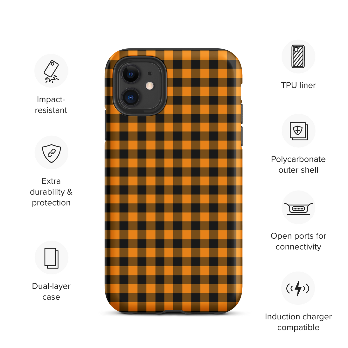 phone case with black-and-orange gingham autumn theme for iPhone