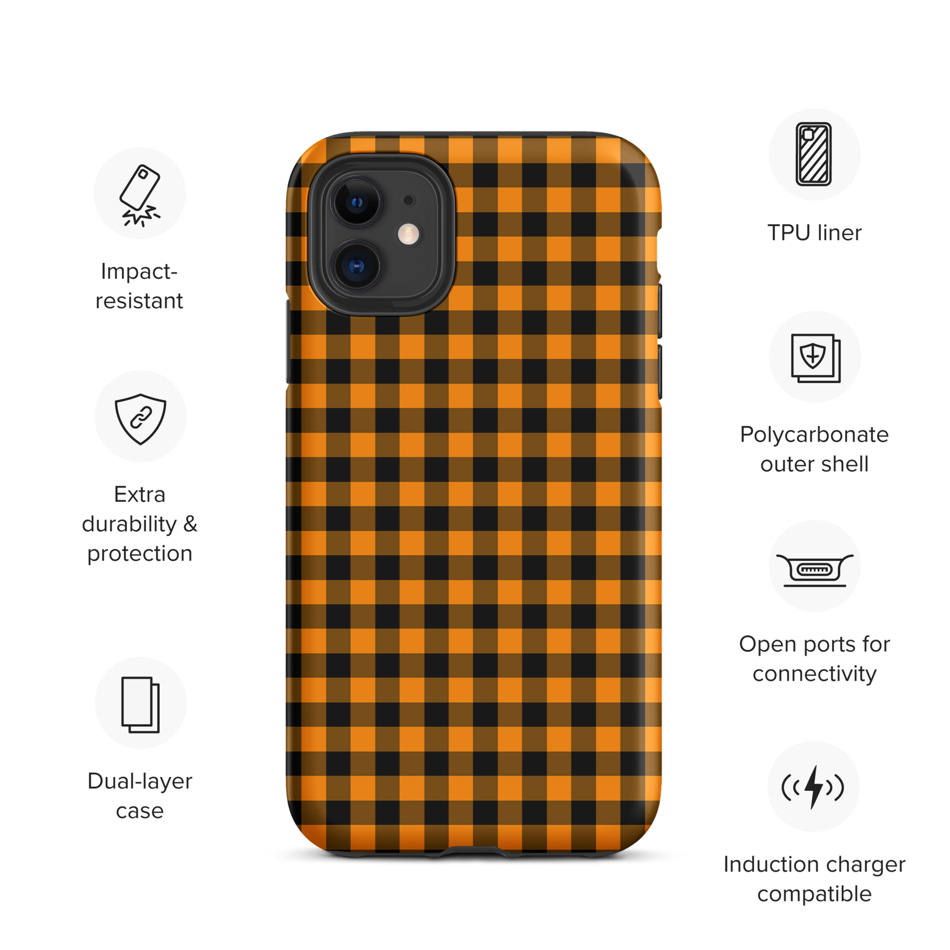 phone case with black-and-orange gingham autumn theme for iPhone