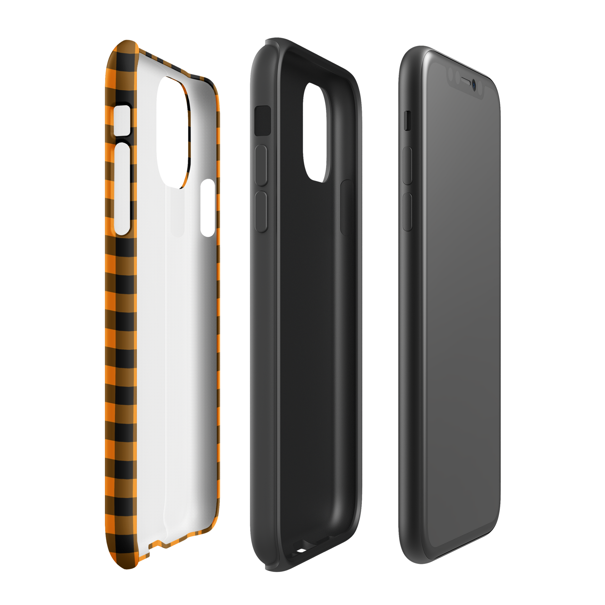 Black-and-orange gingham phone case for iPhone with autumn theme, featuring durable design and stylish accessory.