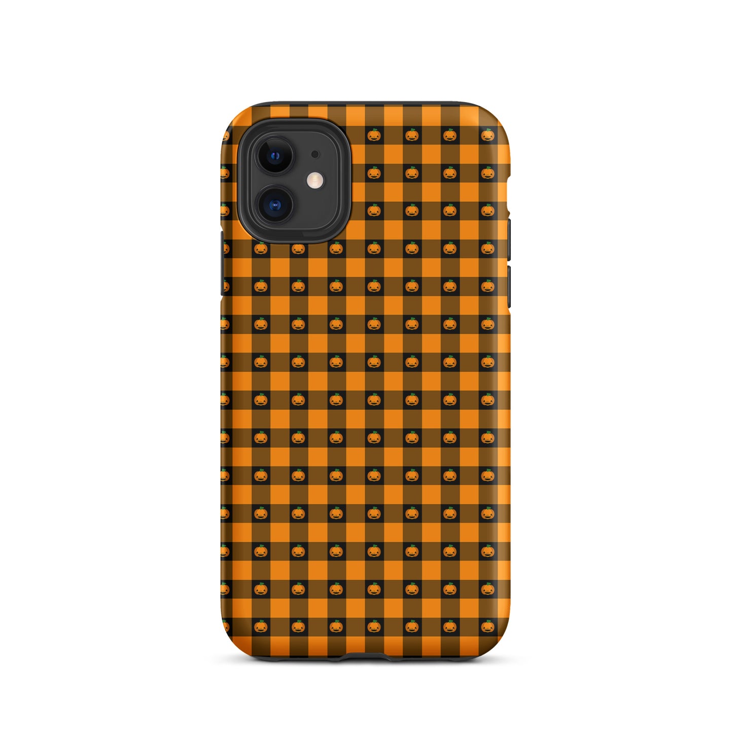 Phone Case for iPhone with playful pumpkin gingham Halloween design featuring jack-o’-lanterns on a bold orange and black checkered pattern.