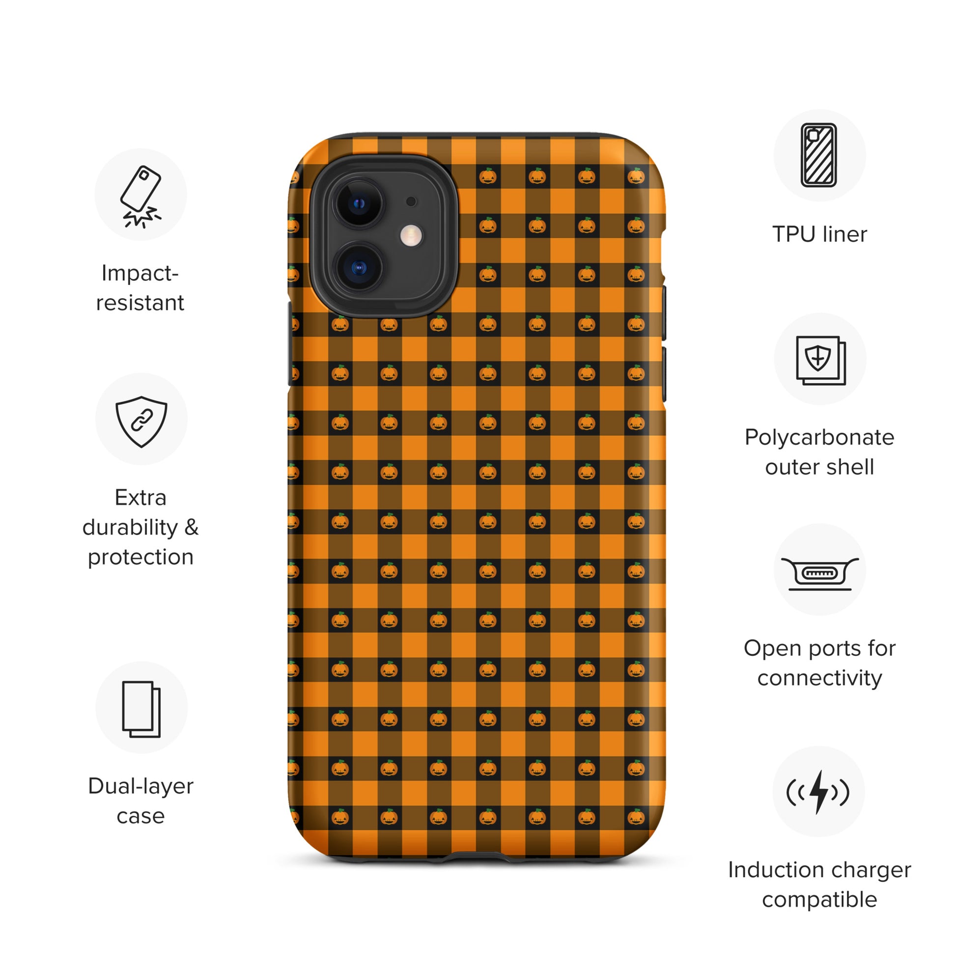 Phone Case for iPhone with playful pumpkin gingham Halloween design, impact-resistant and induction charger compatible.