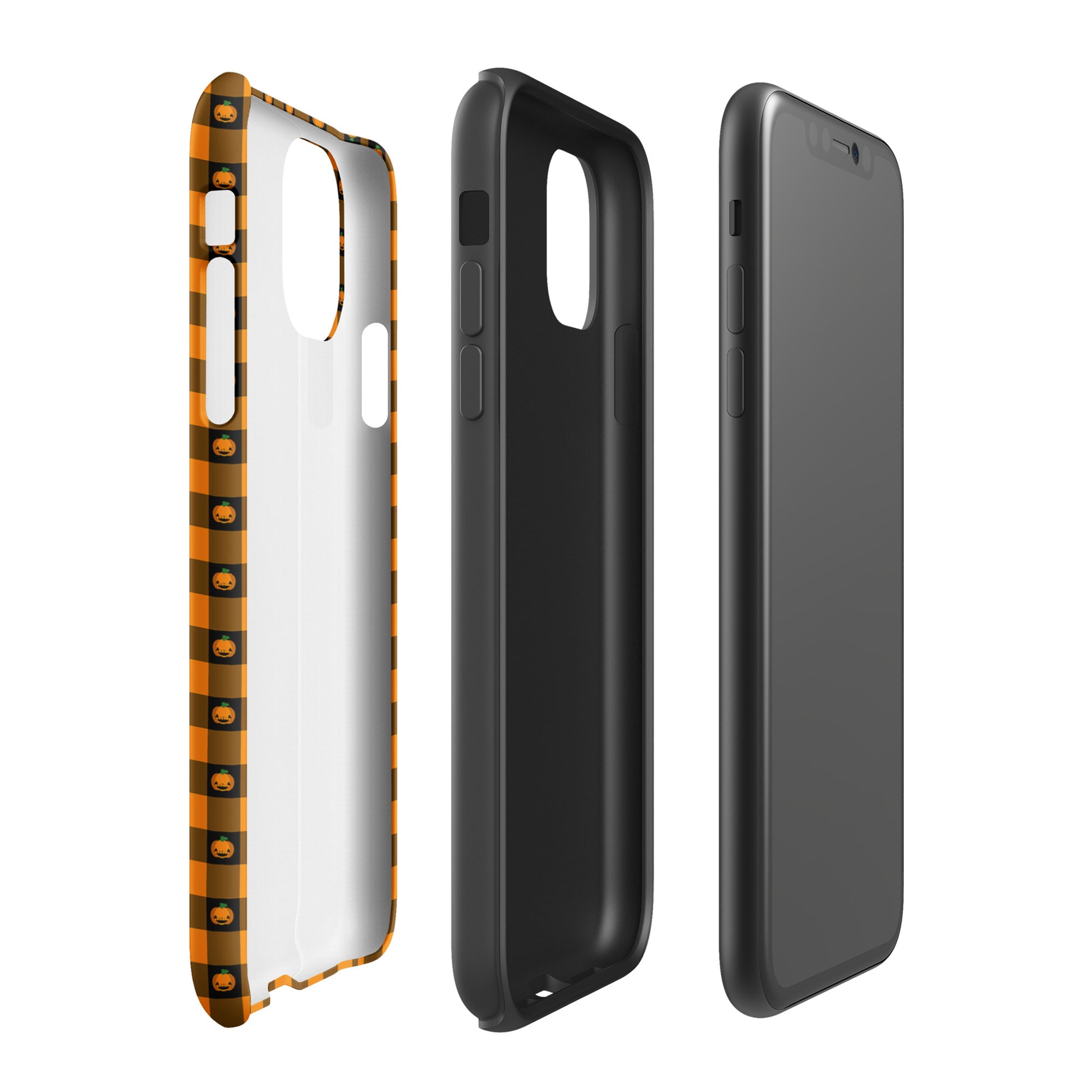 Phone Case for iPhone with Playful Pumpkin Gingham Halloween Design, showing front, back, and side views.