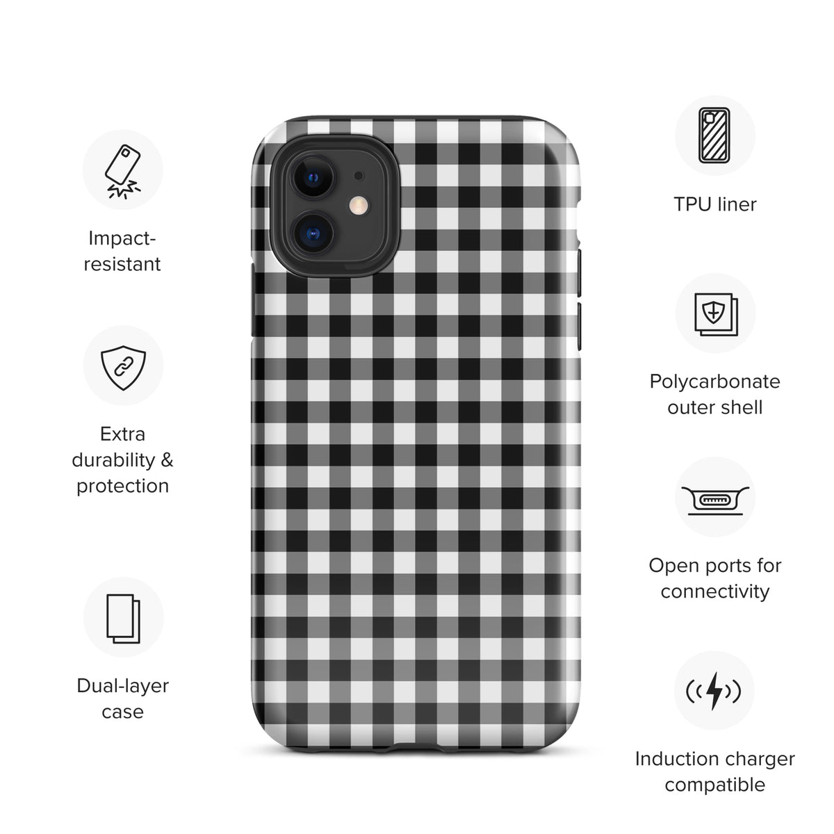 Phone Case for iPhone with black and white gingham pattern, showing impact resistance and extra durability features, stylish protection.
