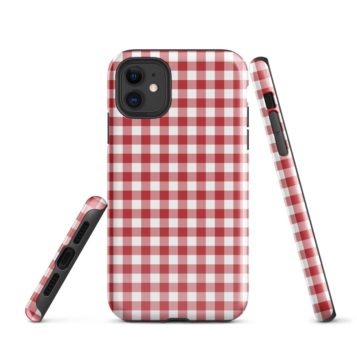 Phone Case with red-and-white gingham pattern, offering style and protection for iPhone. Charming and durable design.