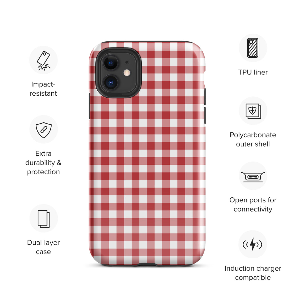 Phone Case with red-and-white gingham pattern, featuring impact-resistant polycarbonate shell and TPU liner for iPhone protection.