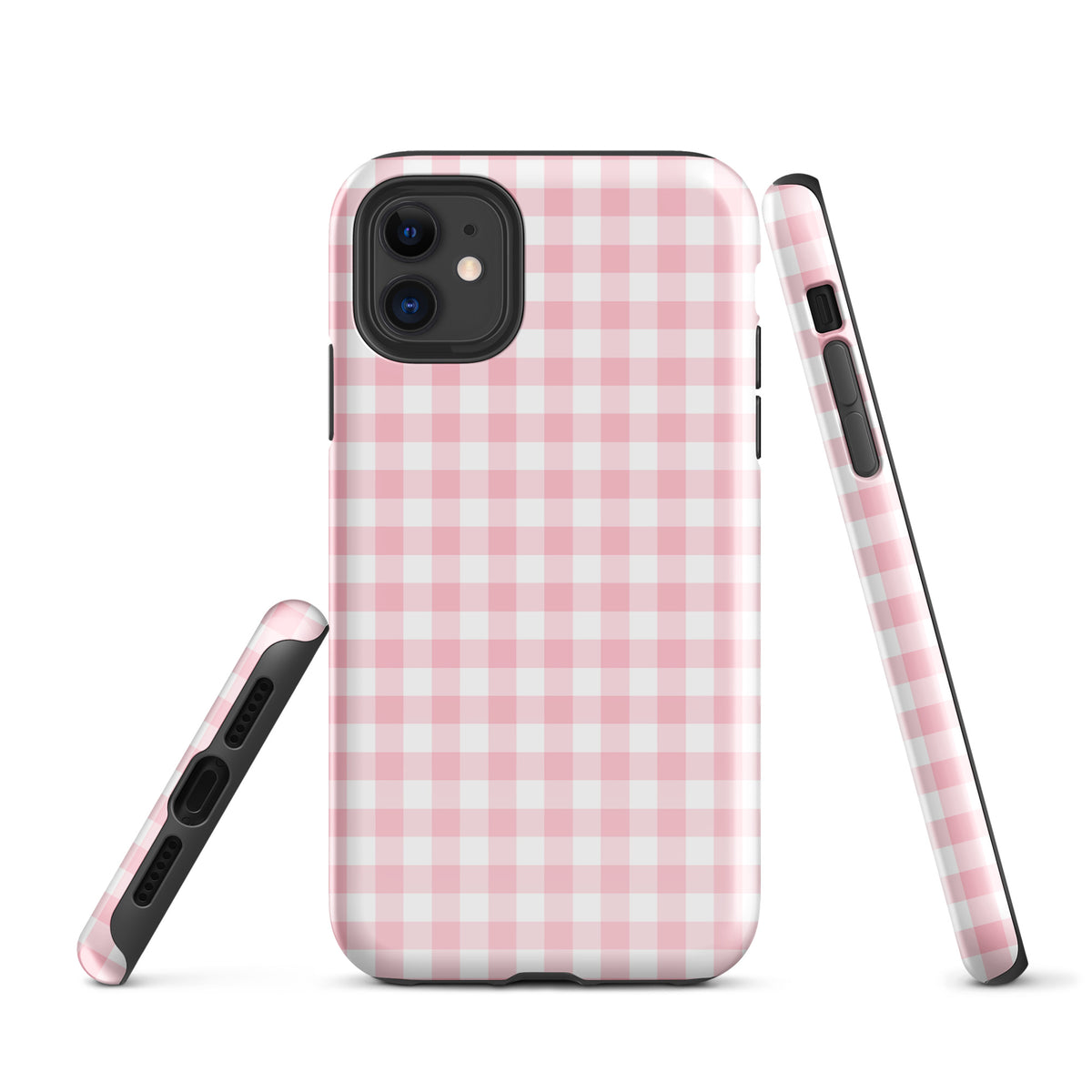 Phone Case with pink and white gingham pattern for iPhone, offering a charming yet protective design.