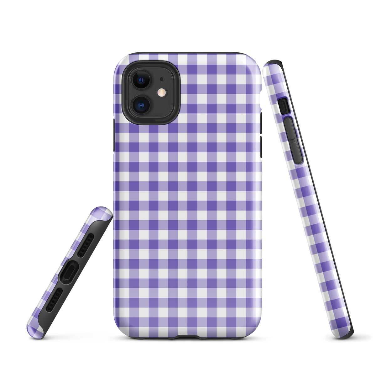Phone Case for iPhone with purple and white gingham pattern, offering style and protection.