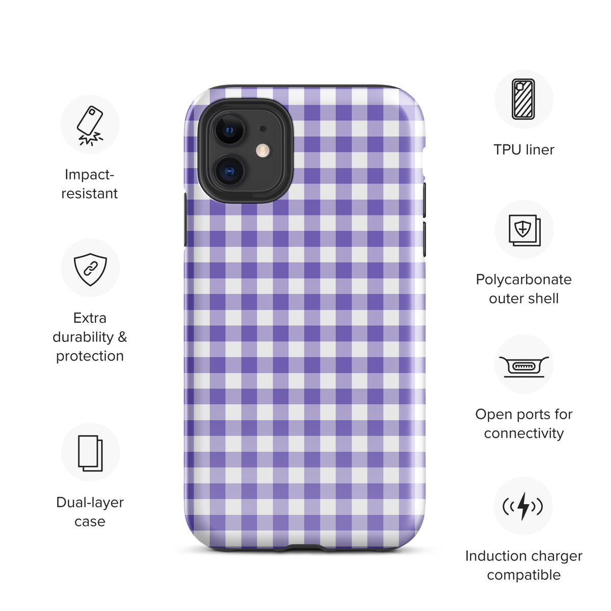 Phone Case for iPhone with purple and white gingham pattern, featuring durability and chic design for protection and style.