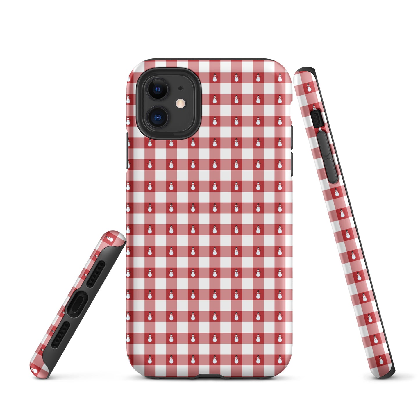 Phone Case with red-and-white gingham and snowman pattern for iPhone, combining festive style and rugged protection.