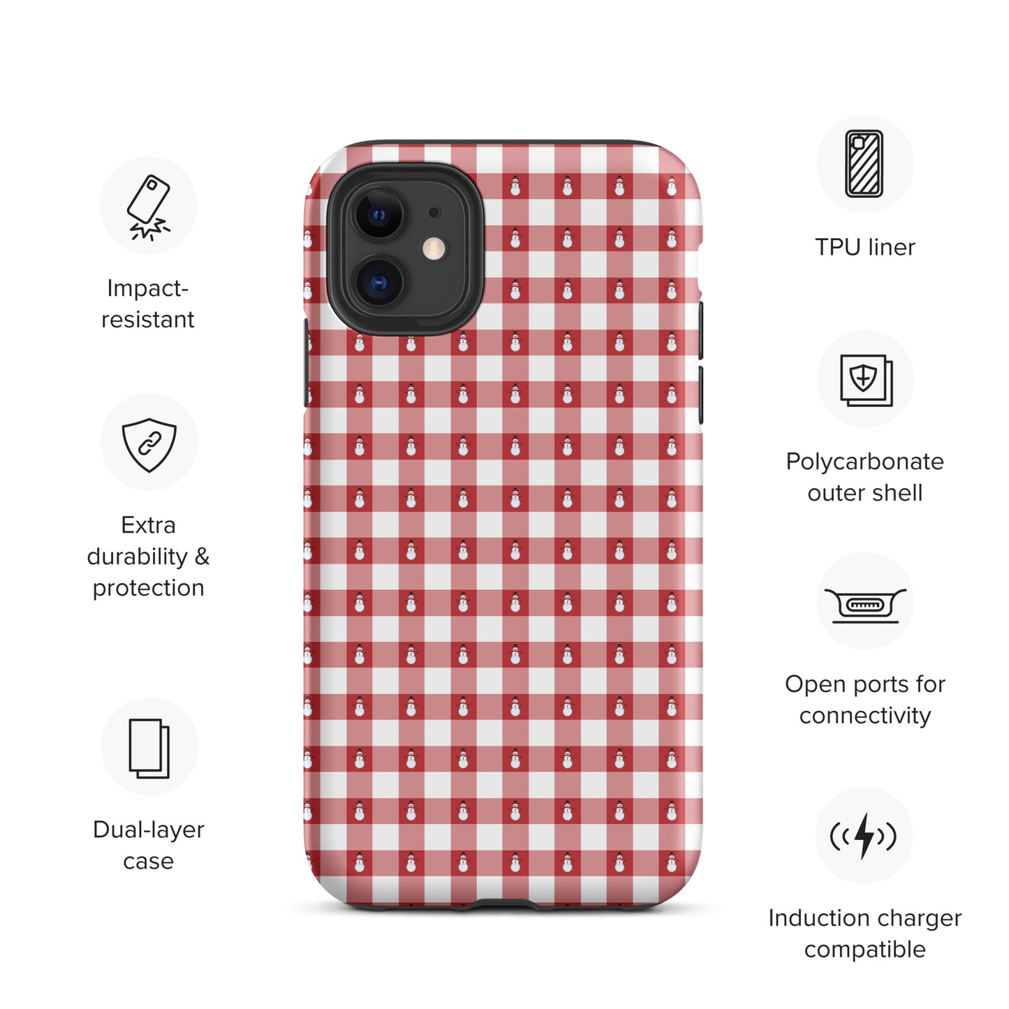 Phone Case for iPhone with snowman gingham design, impact-resistant, dual-layer, and TPU liner for durability and protection.