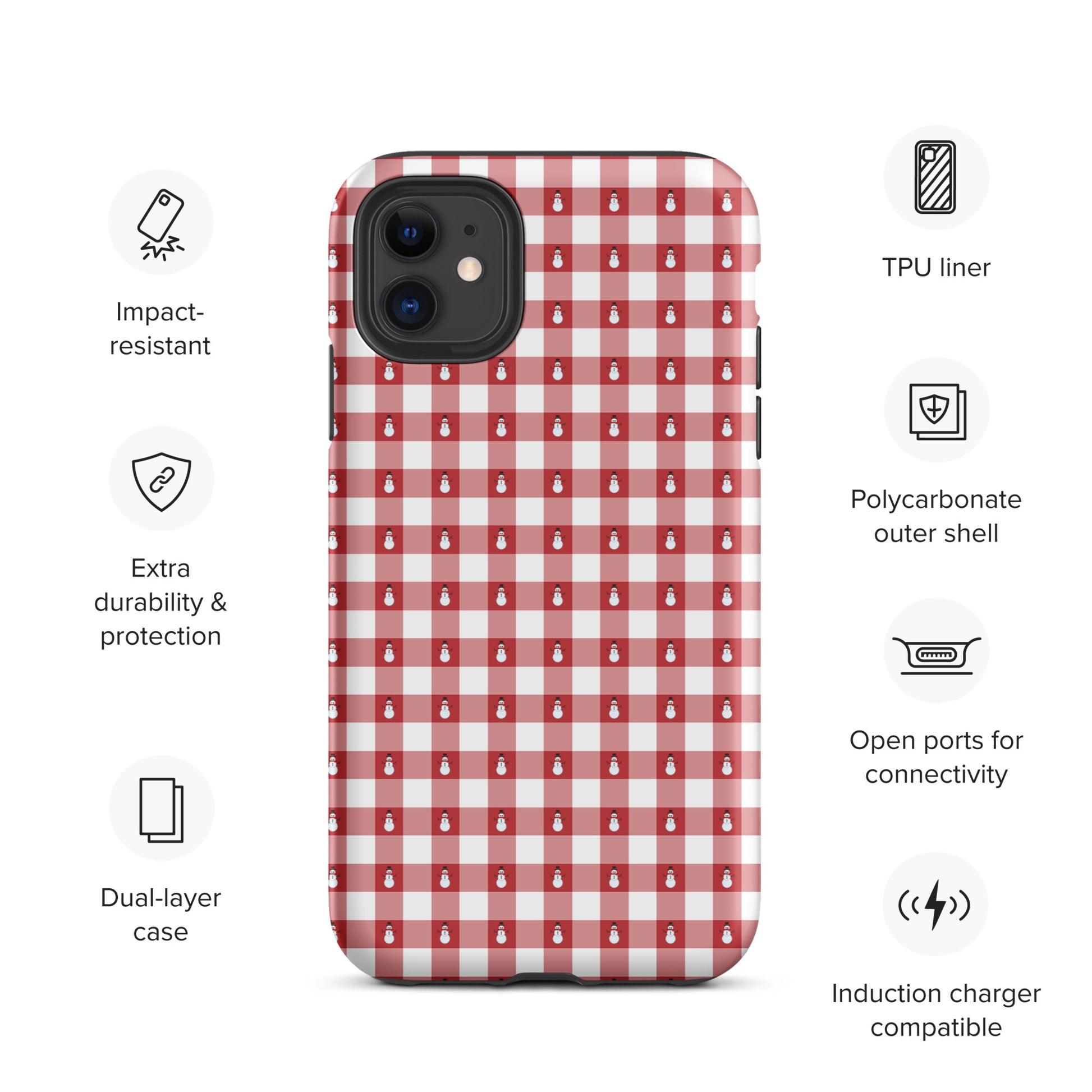 Phone Case for iPhone with snowman gingham design, impact-resistant, dual-layer, and TPU liner for durability and protection.