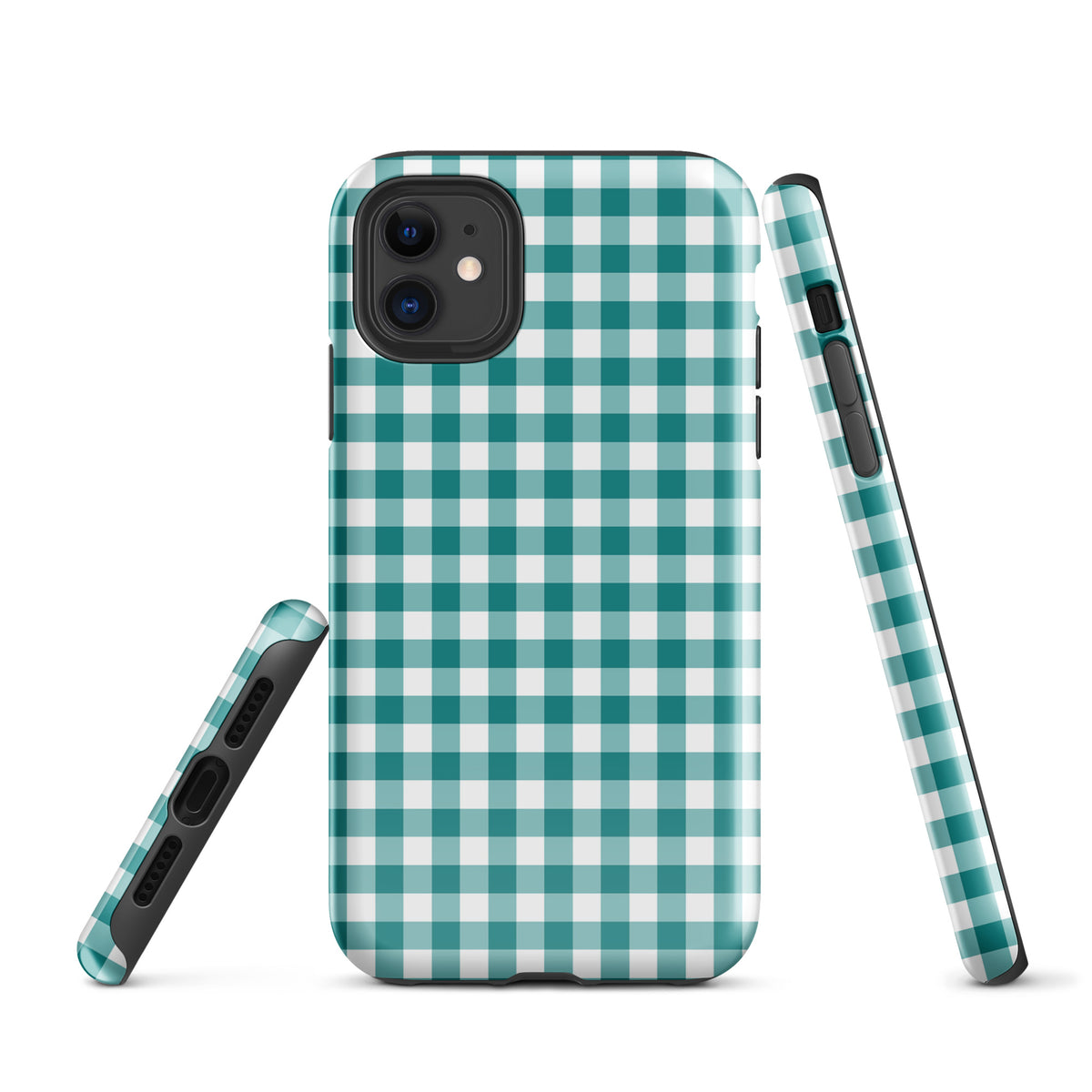 Phone Case for iPhone, teal and white gingham pattern, blending style and protection, chic accessory, durable design.