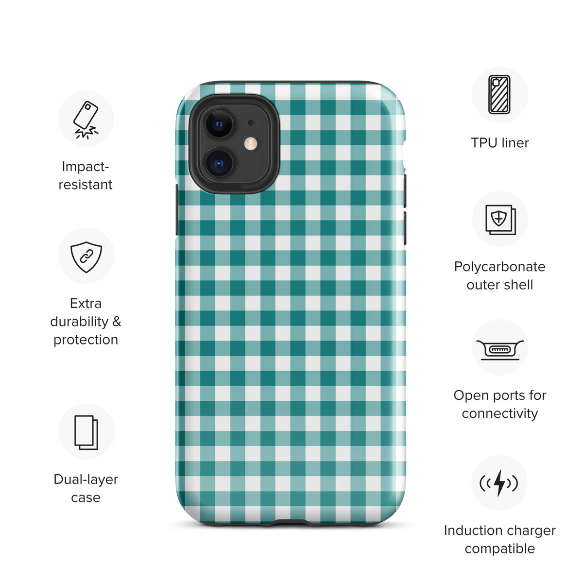 Phone Case with teal and white gingham pattern for iPhone featuring durable design and dual-layer protection.