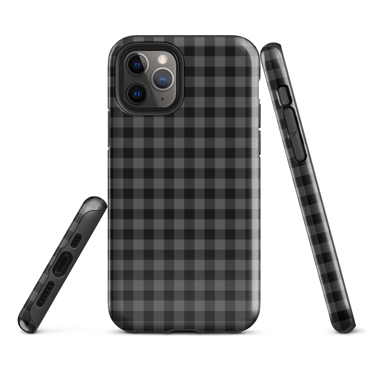 Phone Case for iPhone with black and charcoal gingham pattern, offering modern style and protection, chic accessory.