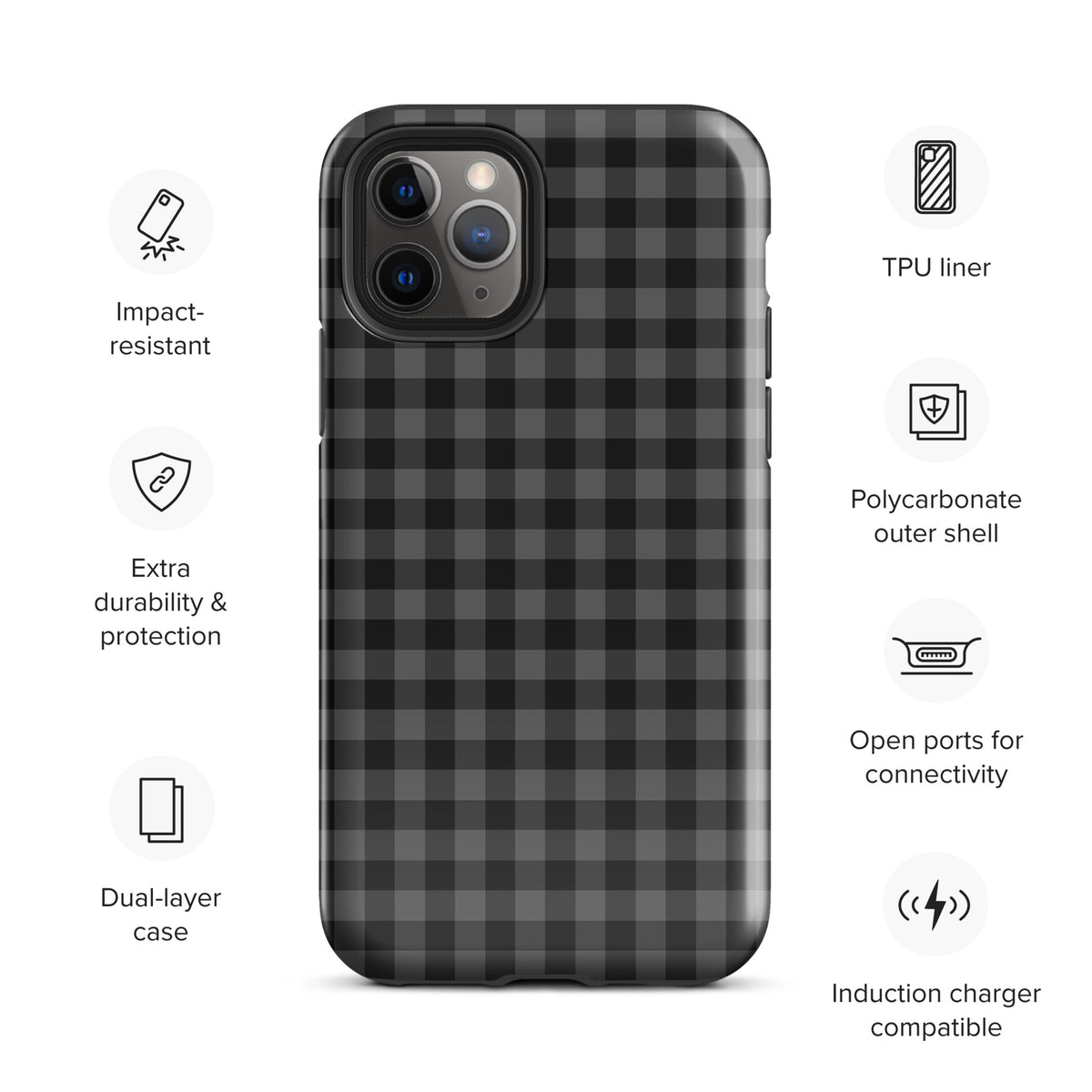 Phone Case in black charcoal gingham pattern for iPhone with impact resistance and induction charging features
