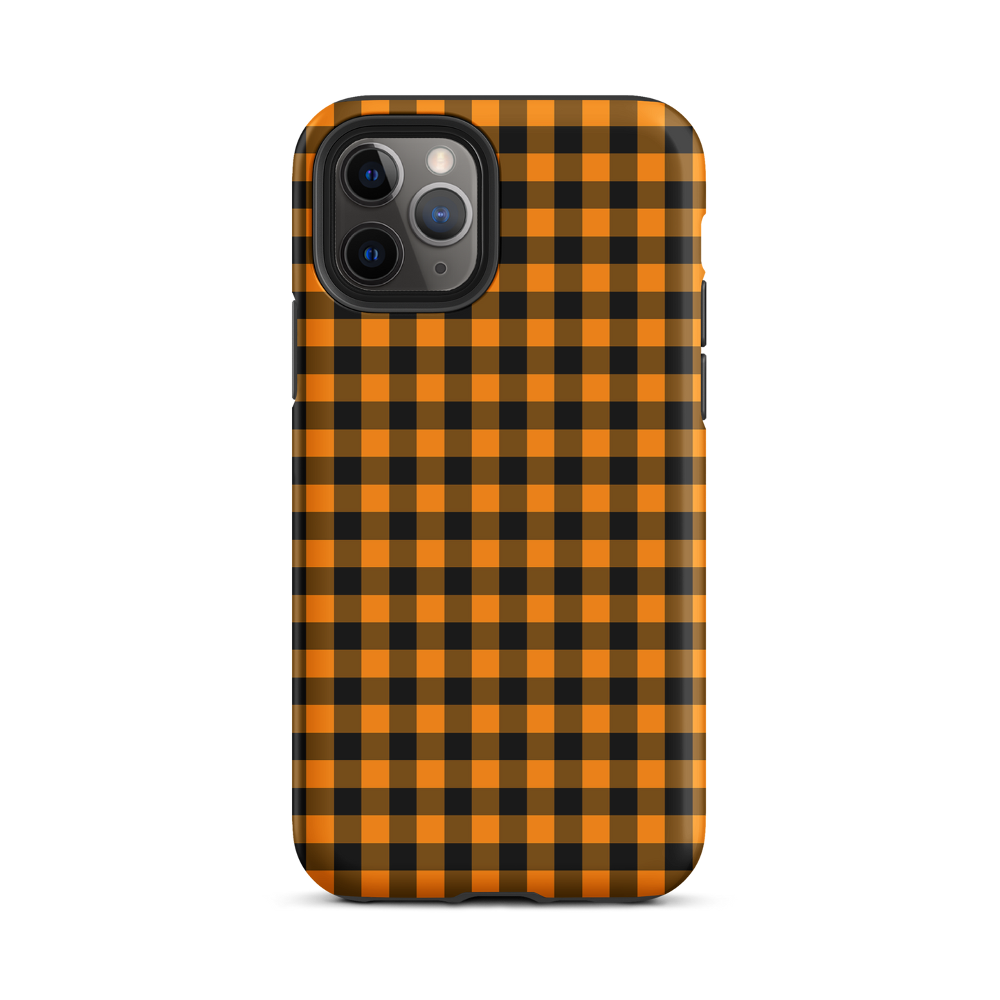 Black-and-orange gingham phone case for iPhone with autumn theme design, combining stylish charm with durable craftsmanship.